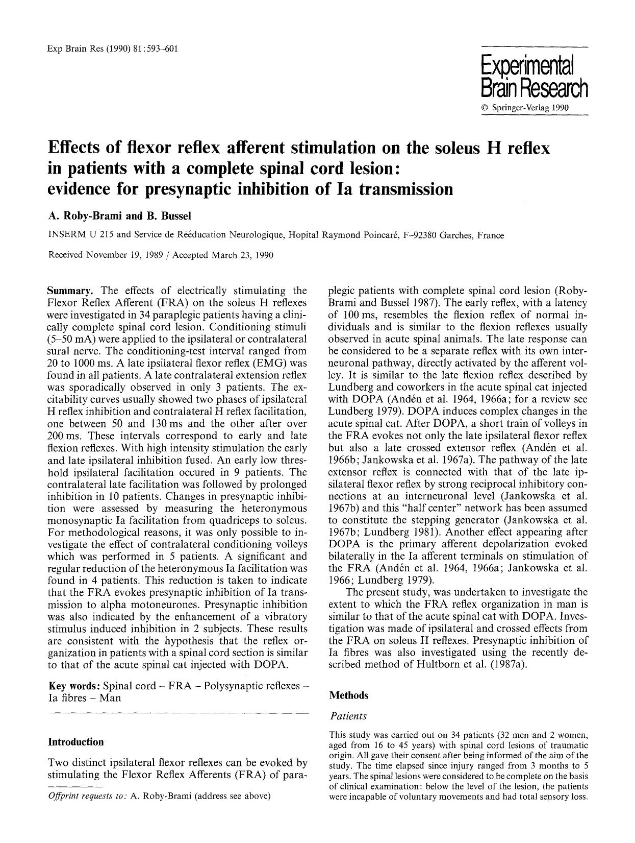 Effects of flexor reflex afferent stimulation on the soleus H reflex in patients with a complete spinal cord lesion: evidence for presynaptic inhibition of Ia transmission by Unknown