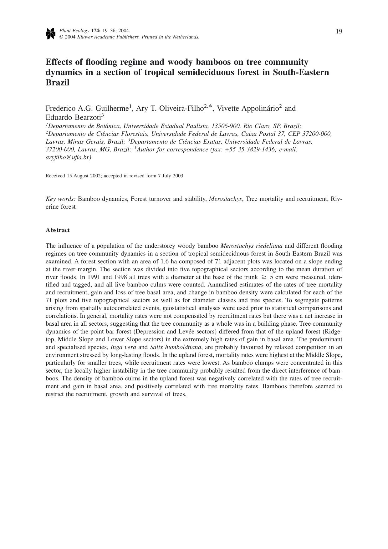 Effects of flooding regime and woody bamboos on tree community dynamics in a section of tropical semideciduous forest in South-Eastern Brazil by Unknown