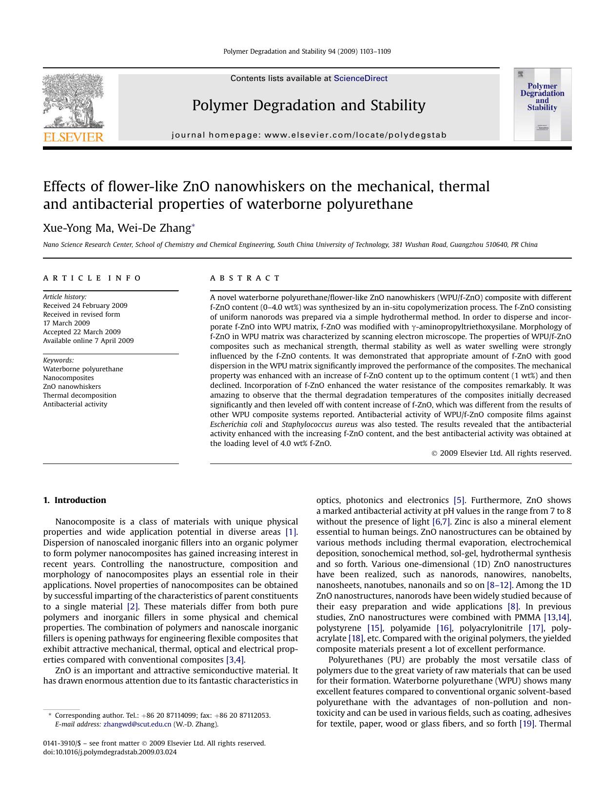 Effects of flower-like ZnO nanowhiskers on the mechanical, thermal and antibacterial properties of waterborne polyurethane by Xue-Yong Ma; Wei-De Zhang