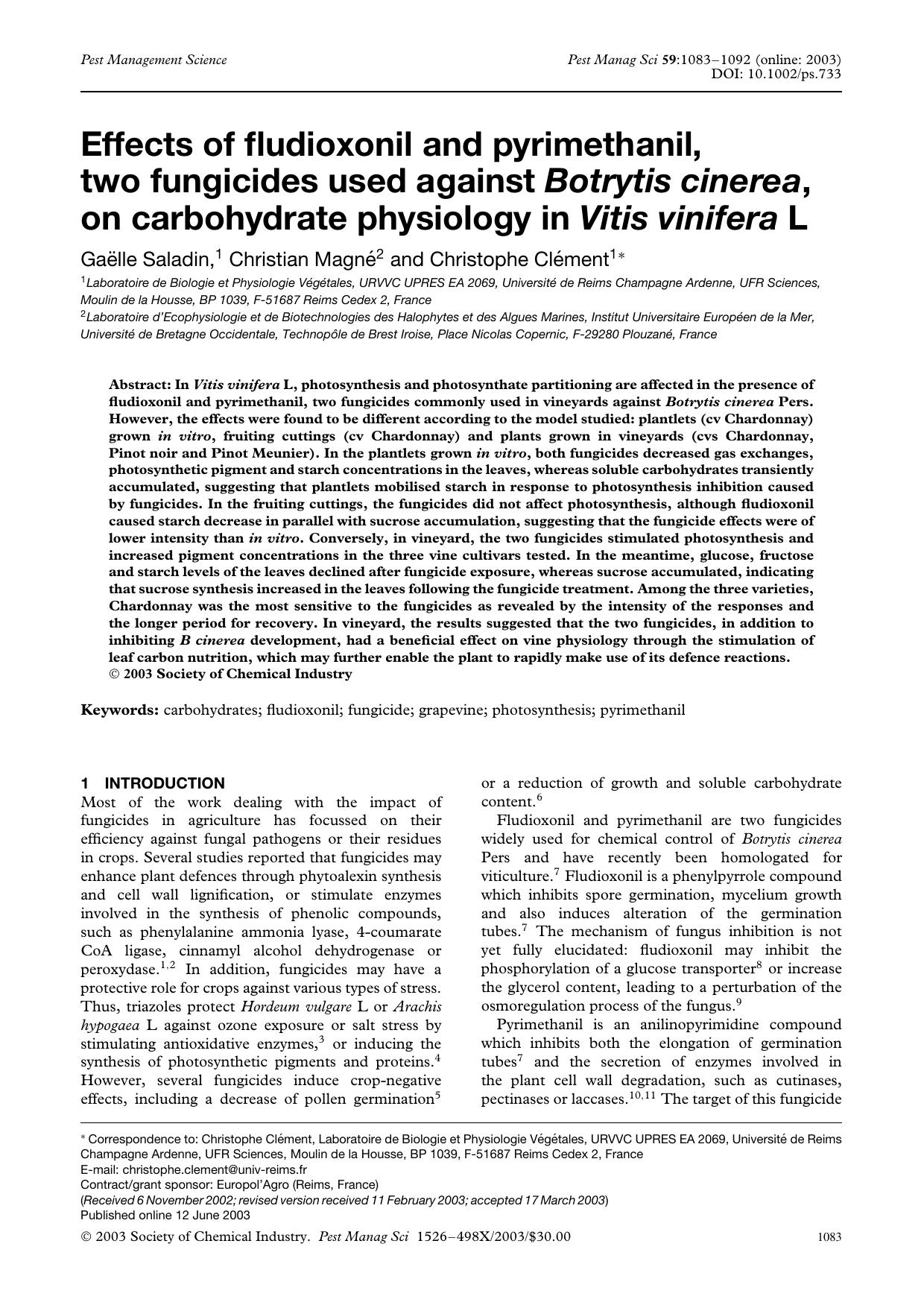 Effects of fludioxonil and pyrimethanil, two fungicides used against Botrytis cinerea, on carbohydrate physiology in Vitis vinifera L by Unknown
