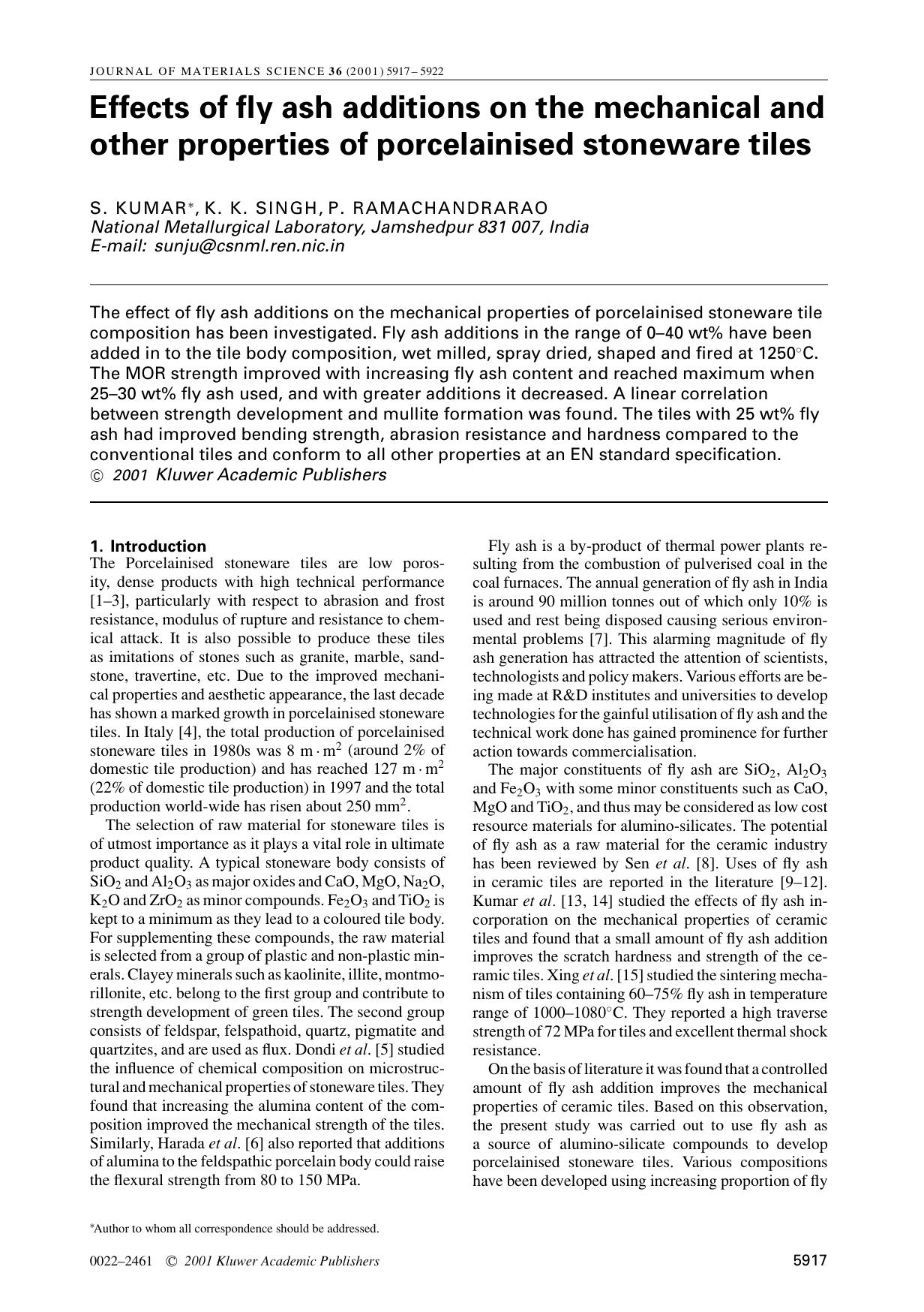 Effects of fly ash additions on the mechanical and other properties of porcelainised stoneware tiles by Unknown