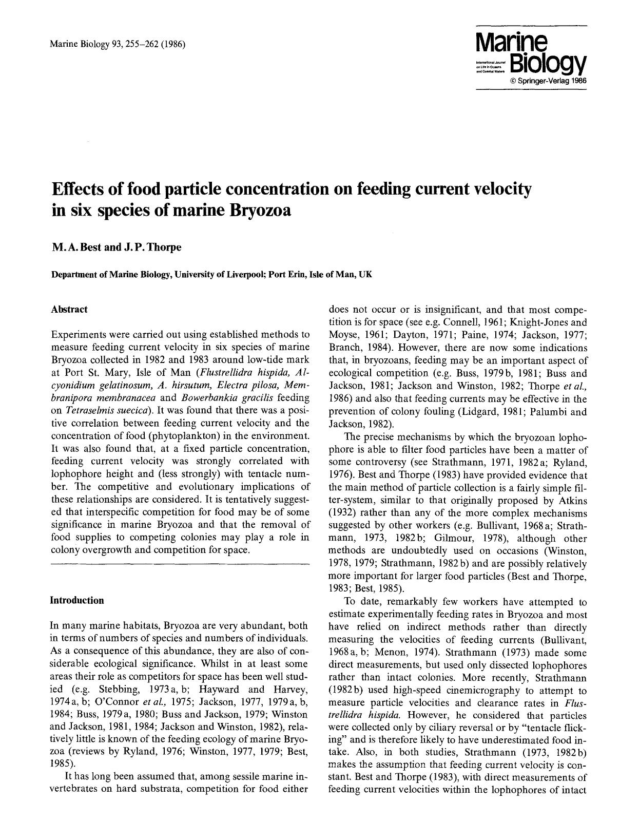 Effects of food particle concentration on feeding current velocity in sex species of marine Bryozoa by Unknown