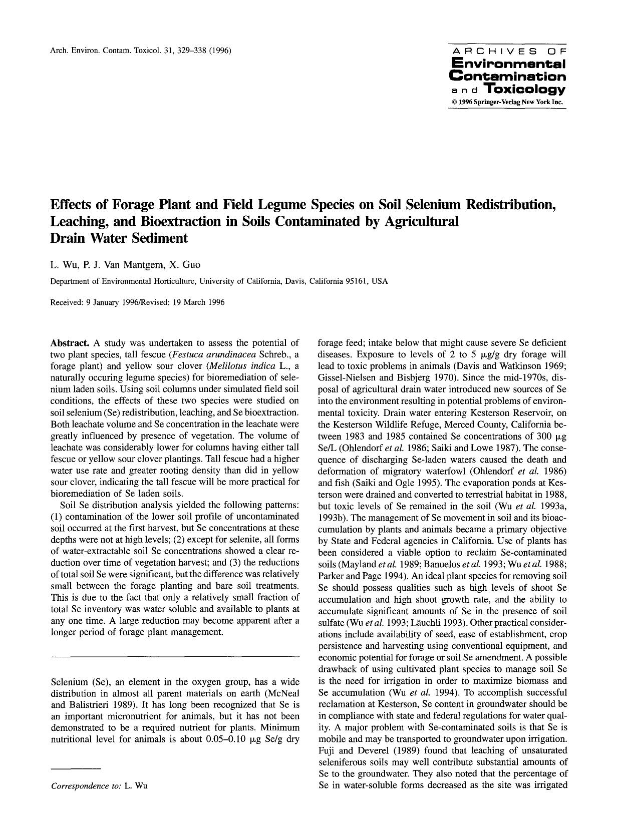 Effects of forage plant and field legume species on soil selenium redistribution, leaching, and bioextraction in soils contaminated by agricultural drain water sediment by Unknown