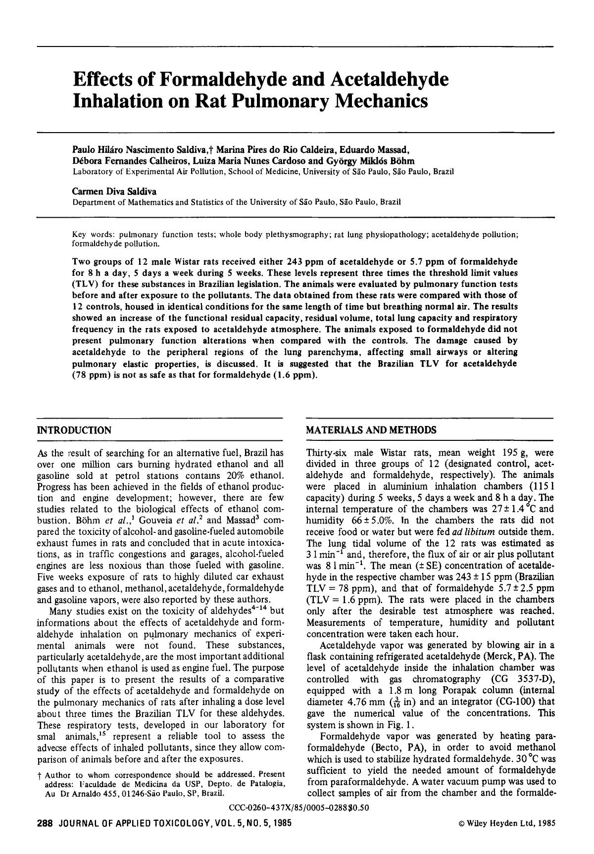 Effects of formaldehyde and acetaldehyde inhalation on rat pulmonary mechanics by Unknown