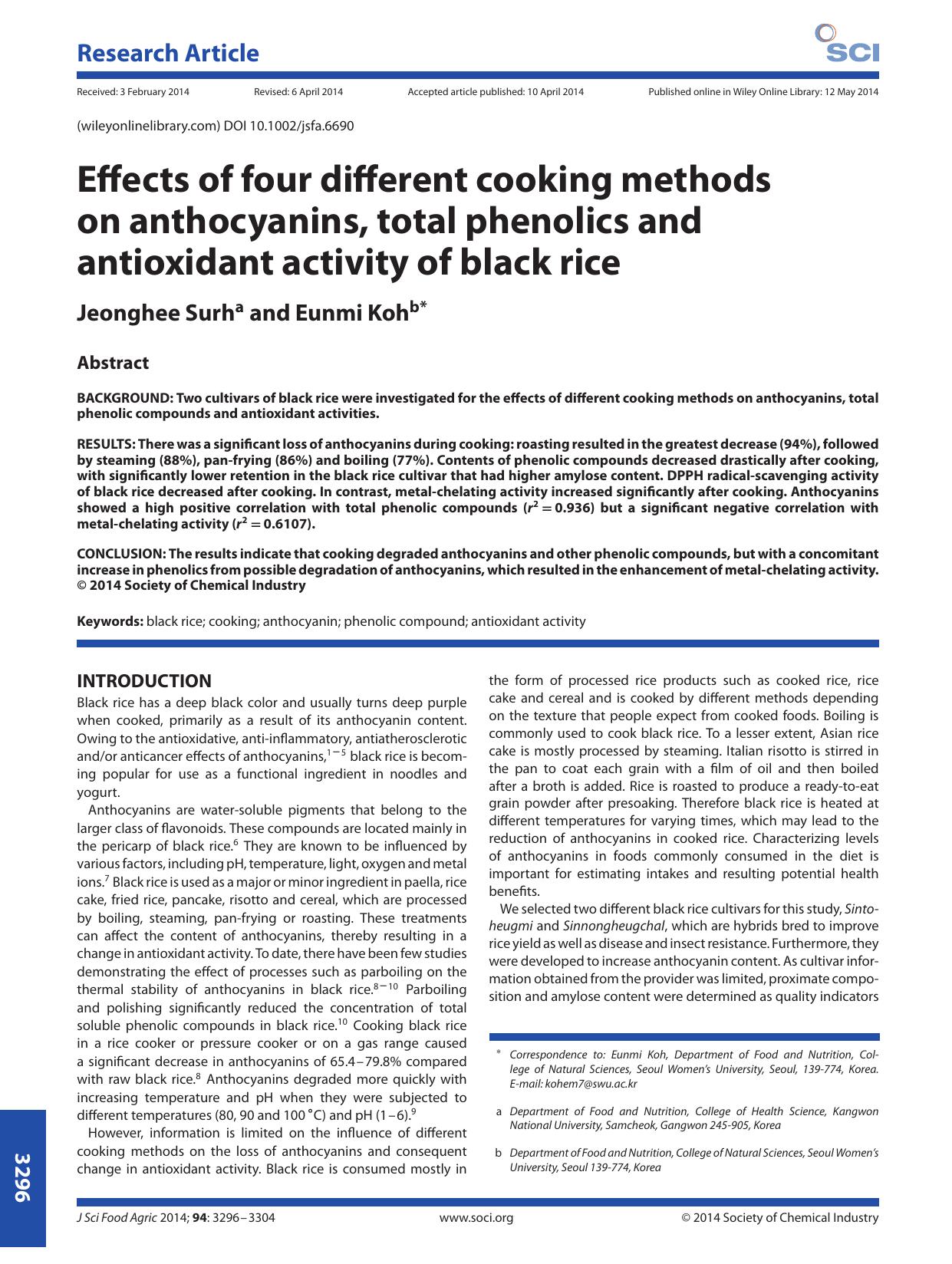Effects of four different cooking methods on anthocyanins, total phenolics and antioxidant activity of black rice by Unknown