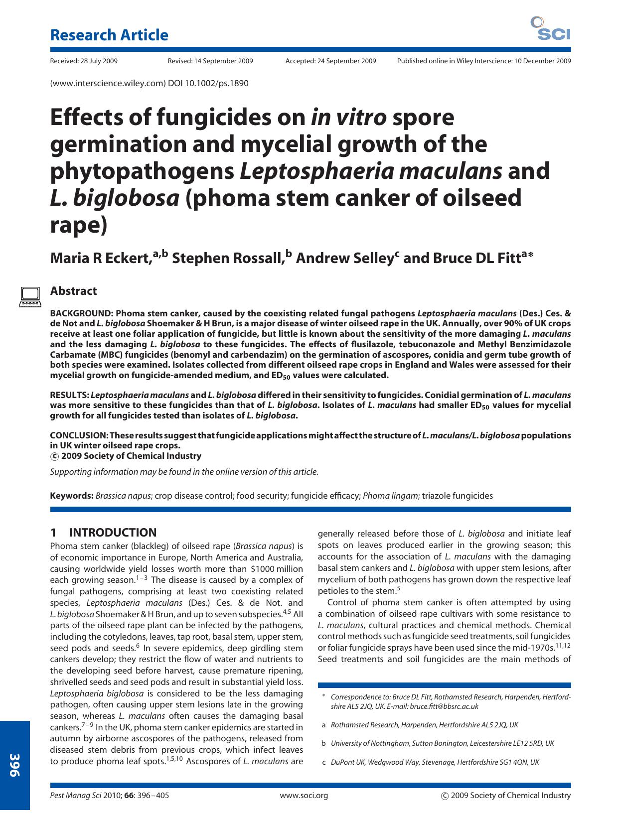 Effects of fungicides on in vitro spore germination and mycelial growth of the phytopathogens Leptosphaeria maculans and L. biglobosa (phoma stem canker of oilseed rape) by Unknown