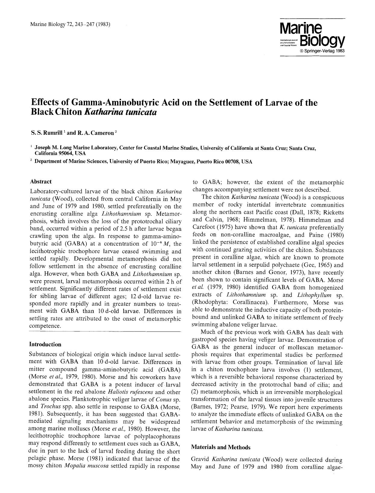 Effects of gamma-aminobutyric acid on the settlement of larvae of the black chiton <Emphasis Type="Italic">Katharina tunicata<Emphasis> by Unknown