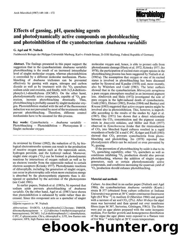 Effects of gassing, pH, quenching agents and photodynamically active compounds on photobleaching and photoinhibition of the cyanobacterium <Emphasis Type="Italic">Anabaena variabilis<Emphasis> by Unknown