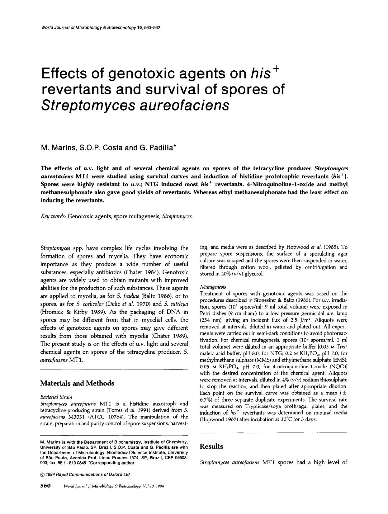 Effects of genotoxic agents on <Emphasis Type="Italic">his<Emphasis> <Superscript>+<Superscript> revertants and survival of spores of <Emphasis Type="Italic">Streptomyces aureofaciens<Emphasis> by Unknown