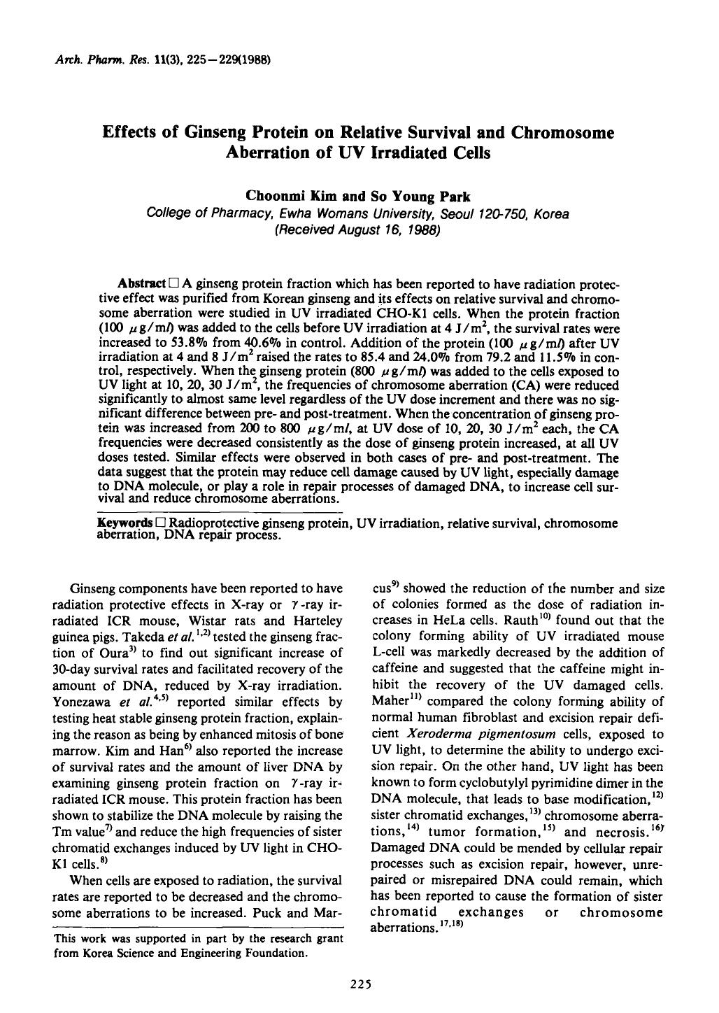 Effects of ginseng protein on relative survival and chromosome aberration of UV irradiated cells by Unknown