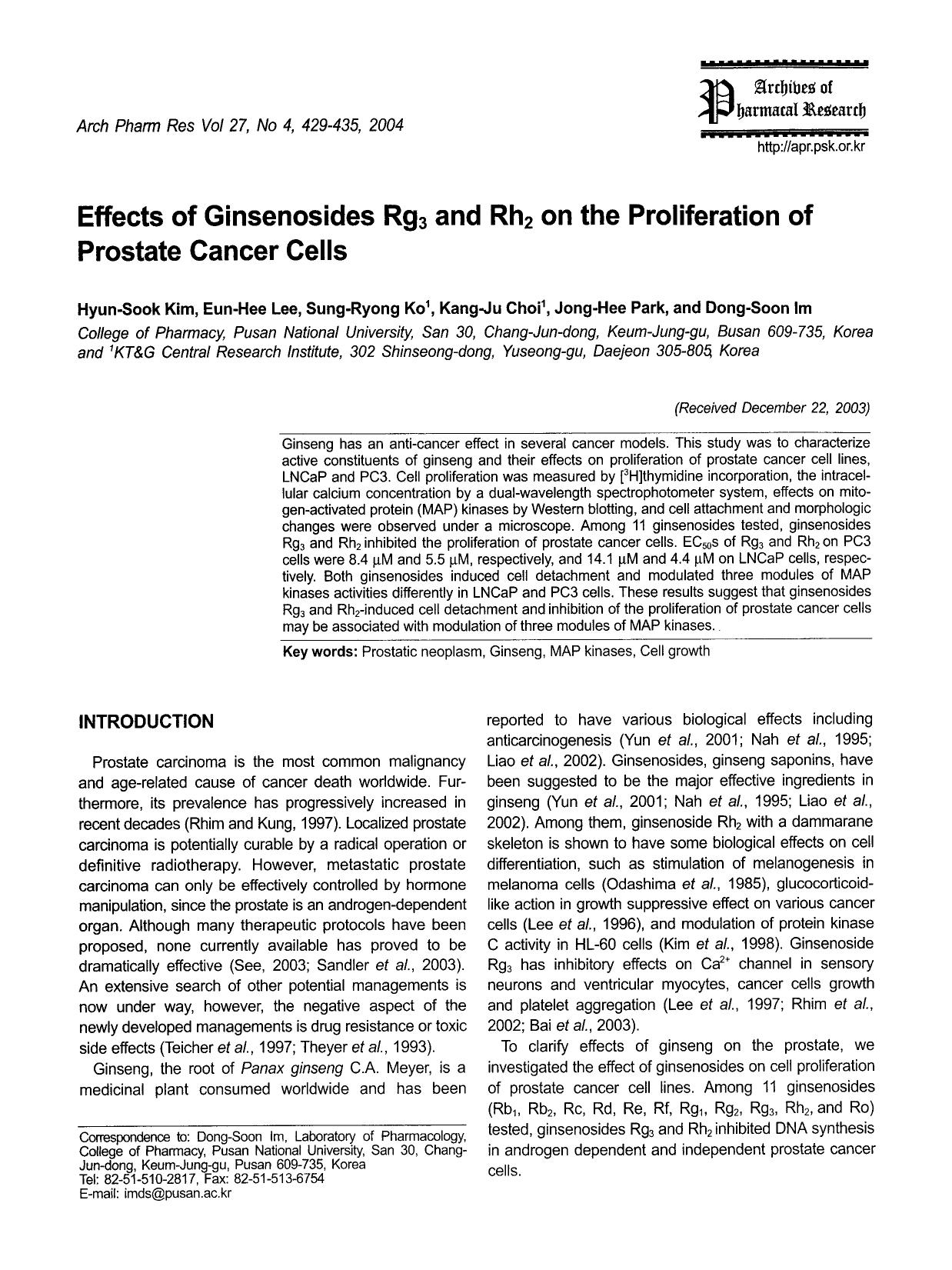 Effects of ginsenosides Rg <Subscript>3 <Subscript> and Rh <Subscript>2 <Subscript> on the proliferation of prostate cancer cells by Unknown