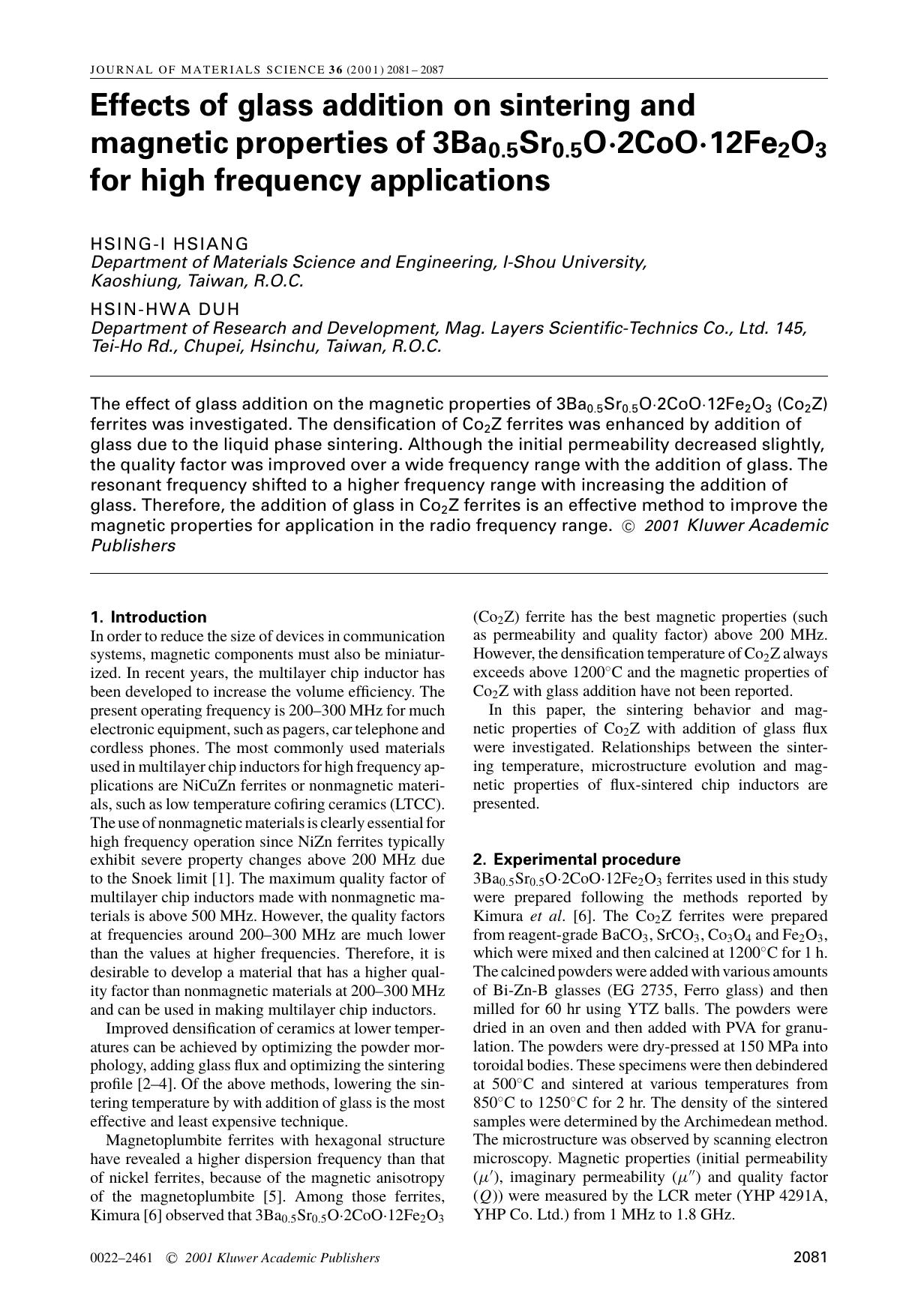 Effects of glass addition on sintering and magnetic properties of 3Ba0.5Sr0.5O·2CoO·12Fe2O3 for high frequency applications by Unknown