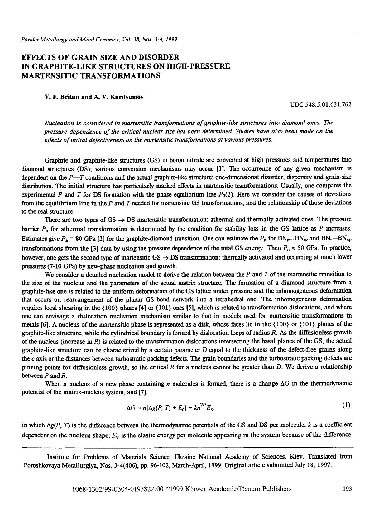 Effects of grain size and disorder in graphite-like structures on high-pressure martensitic transformations by Unknown