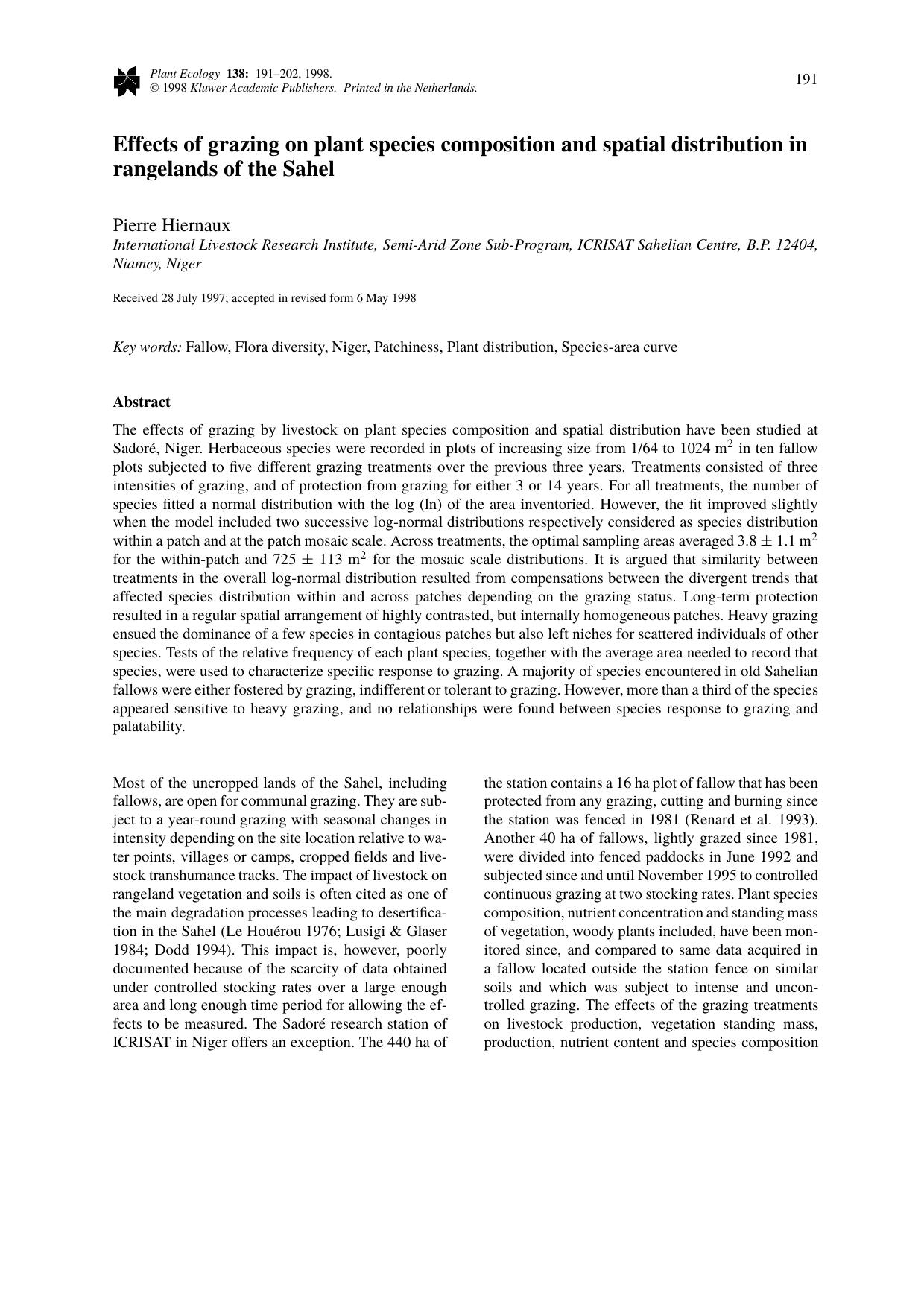 Effects of grazing on plant species composition and spatial distribution in rangelands of the Sahel by Unknown