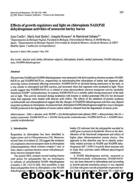 Effects of growth regulators and light on chloroplasts NAD(P)H dehydrogenase activities of senescent barley leaves by Unknown