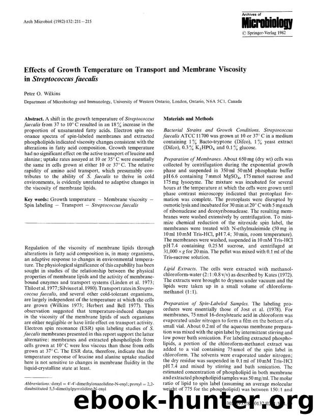 Effects of growth temperature on transport and membrane viscosity in <Emphasis Type="Italic">Streptococcus faecalis<Emphasis> by Unknown
