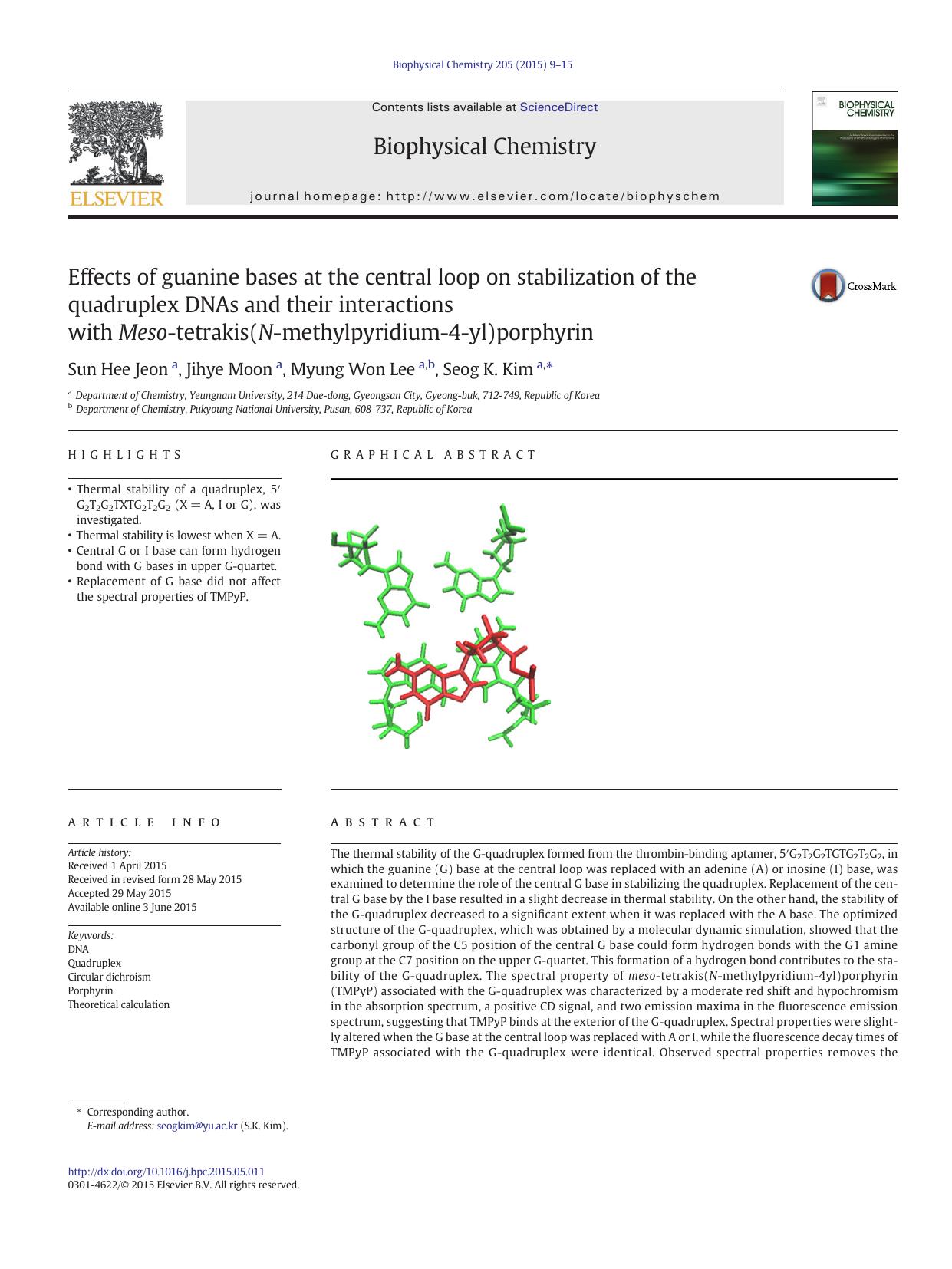 Effects of guanine bases at the central loop on stabilization of the quadruplex DNAs and their interactions with Meso-tetrakis(N-methylpyridium-4-yl)porphyrin by Sun Hee Jeon & Jihye Moon & Myung Won Lee & Seog K. Kim