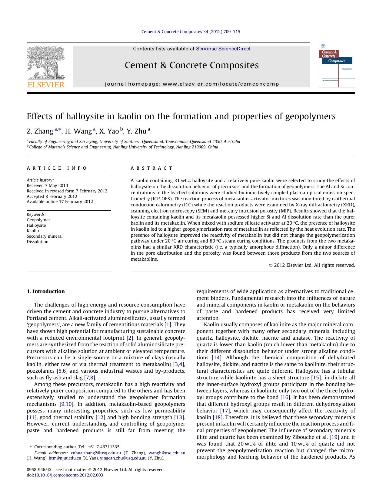Effects of halloysite in kaolin on the formation and properties of geopolymers by Z. Zhang & H. Wang & X. Yao & Y. Zhu
