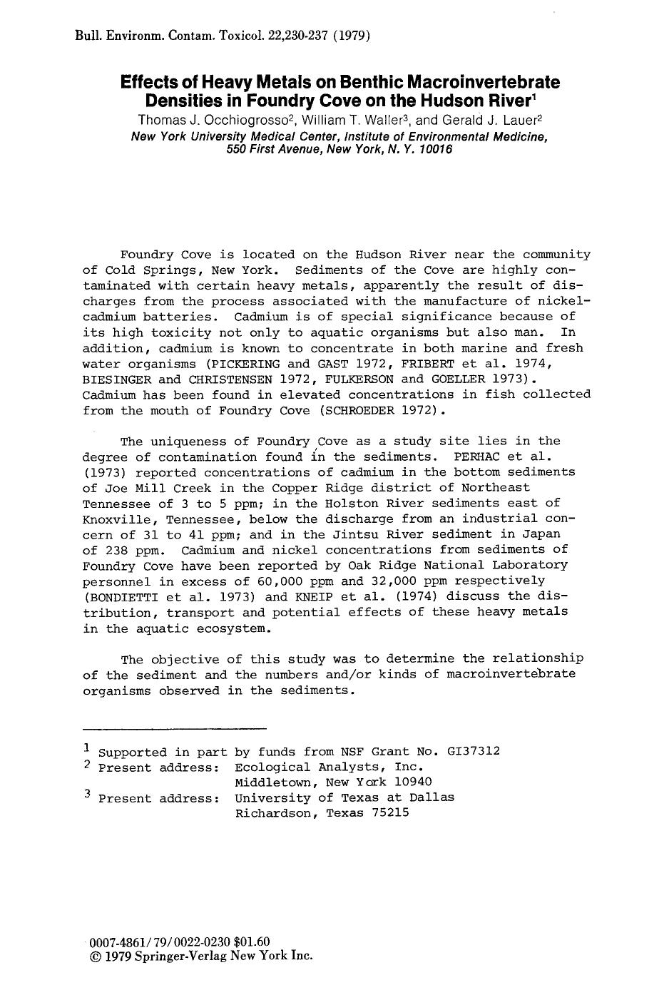 Effects of heavy metals on benthic macroinvertebrate densities in foundry cove on the Hudson river by Unknown