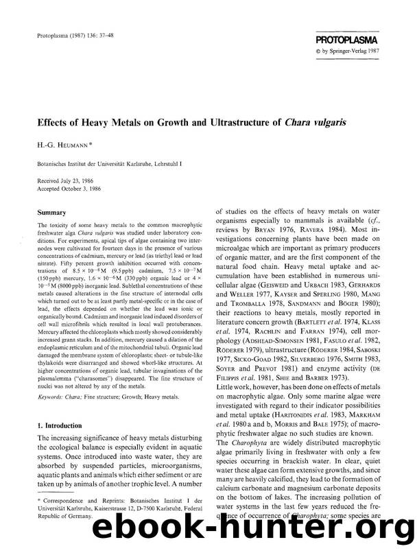 Effects of heavy metals on growth and ultrastructure of <Emphasis Type="Italic">Chara vulgaris <Emphasis> by Unknown