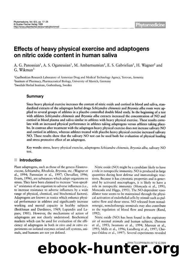 Effects of heavy physical exercise and adaptogens on nitric oxide content in human saliva by A.G. Panossian & A.S. Oganessian & M. Ambartsumian & E.S. Gabrielian & H. Wagner & G. Wikman