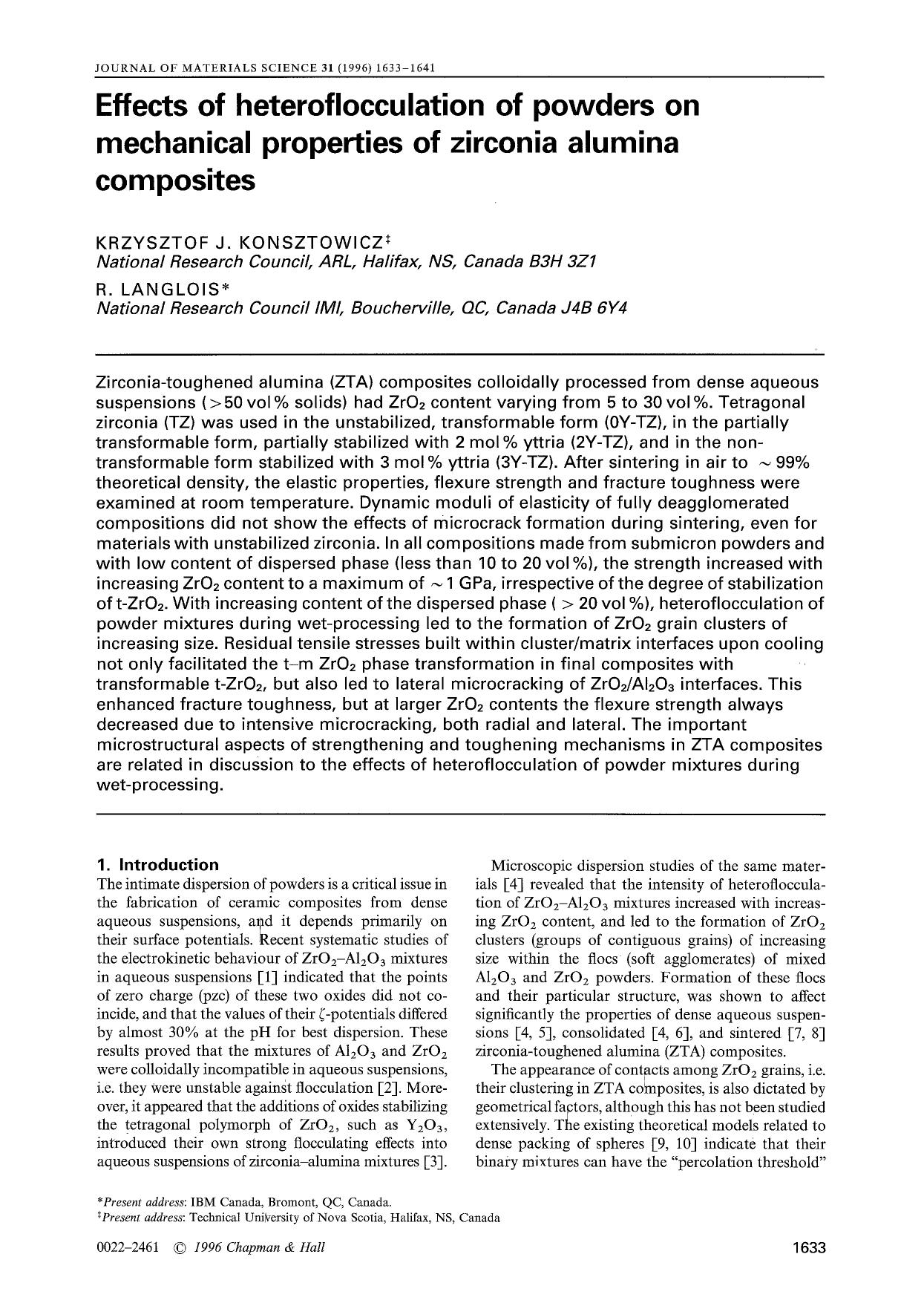 Effects of heteroflocculation of powders on mechanical properties of zirconia alumina composites by Unknown