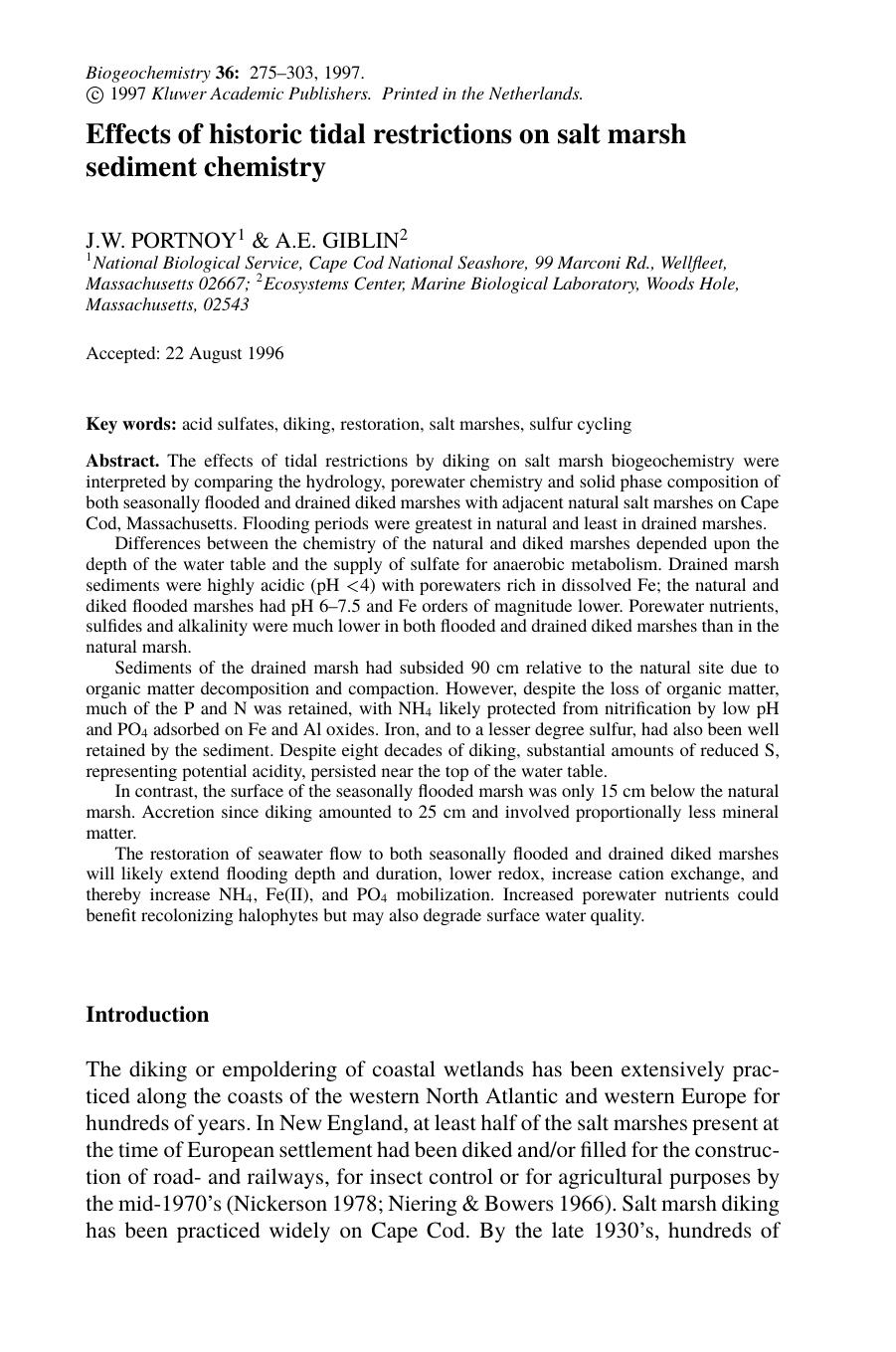 Effects of historic tidal restrictions on salt marsh sediment chemistry by Unknown