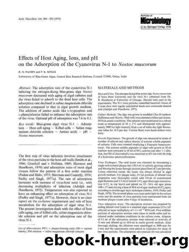 Effects of host aging, ions, and pH on the adsorption of the cyanovirus N-1 to <Emphasis Type="Italic">Nostoc muscorum<Emphasis> by Unknown