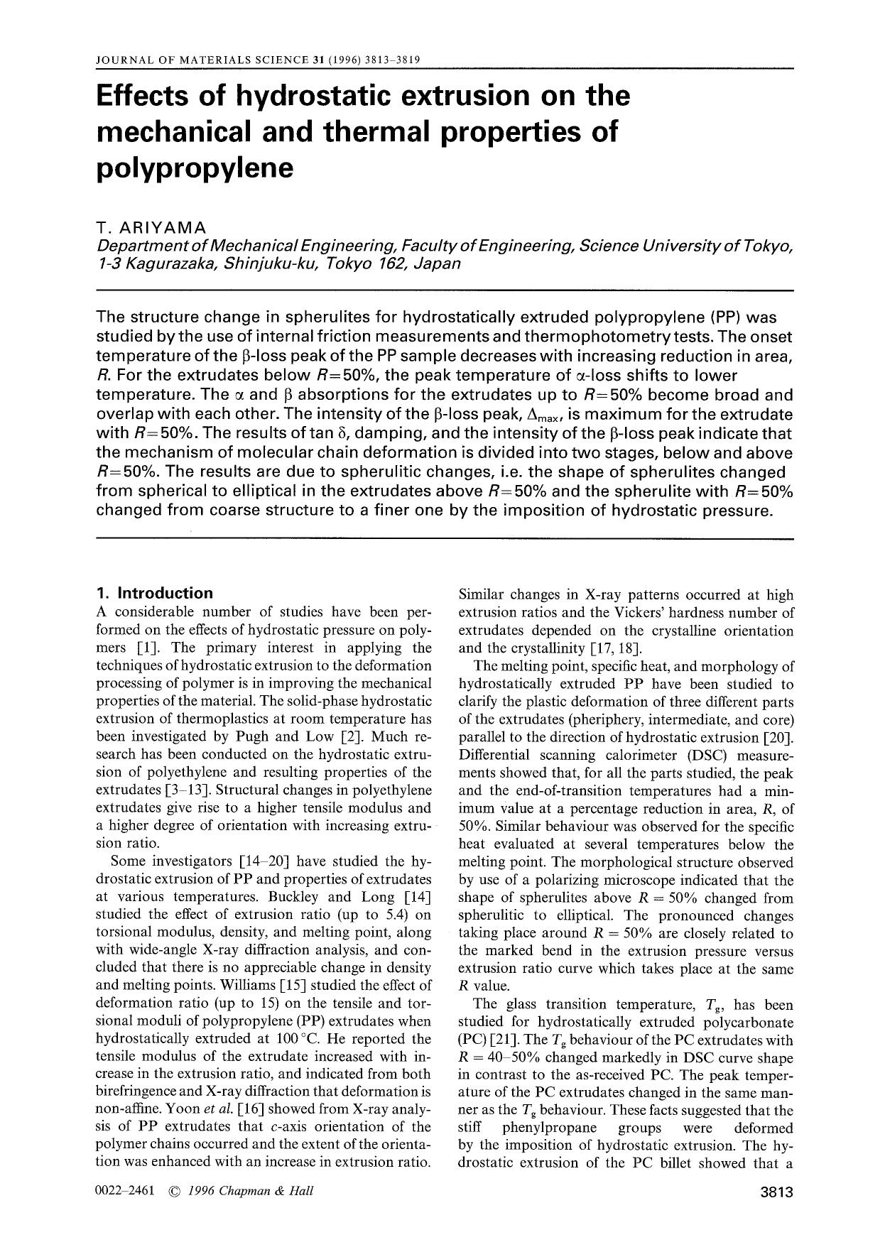 Effects of hydrostatic extrusion on the mechanical and thermal properties of polypropylene by Unknown
