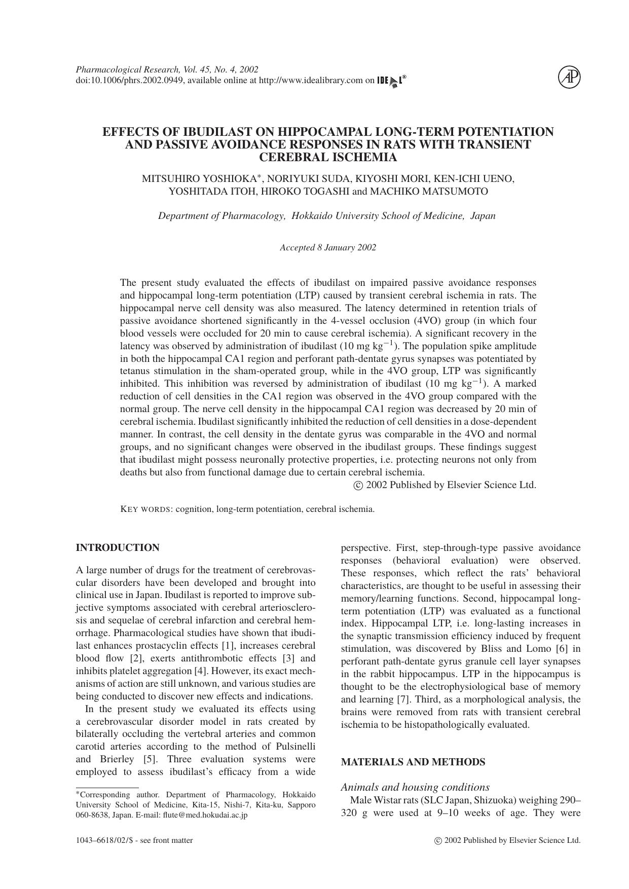 Effects of ibudilast on hippocampal long-term potentiation and passive avoidance responses in rats with transient cerebral ischemia by M. Yoshioka et al