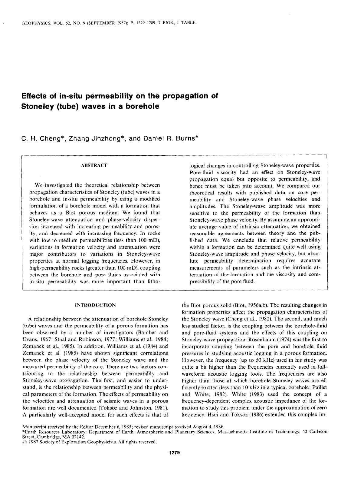 Effects of in-situ permeability on the propagation of Stoneley (tube) waves in a borehole by Cheng C. H.; Jinzhong Z.; Burns D. R
