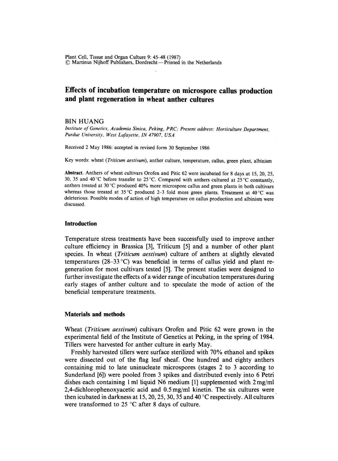 Effects of incubation temperature on microspore callus production and plant regeneration in wheat anther cultures by Unknown