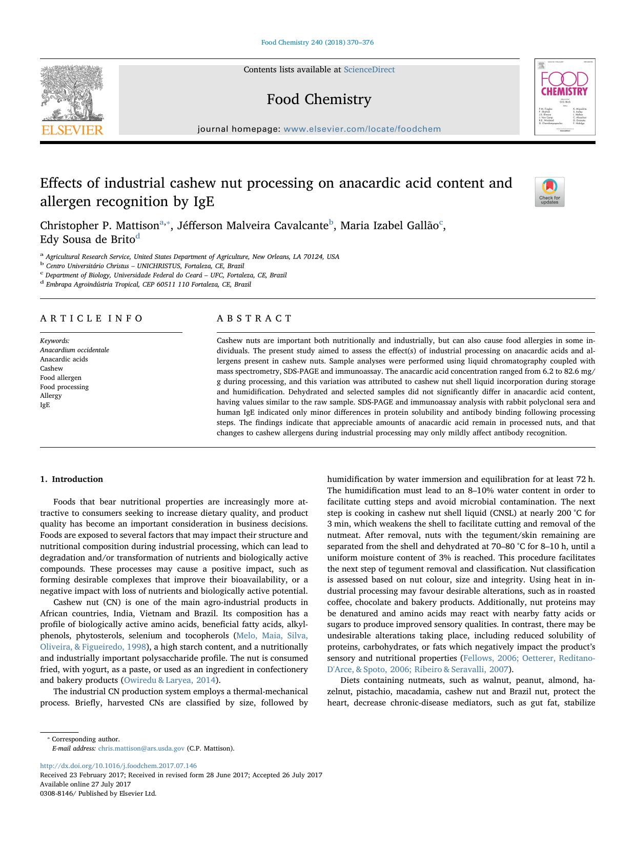 Effects of industrial cashew nut processing on anacardic acid content and allergen recognition by IgE by Christopher P. Mattison & Jéfferson Malveira Cavalcante & Maria Izabel Gallão & Edy Sousa de Brito