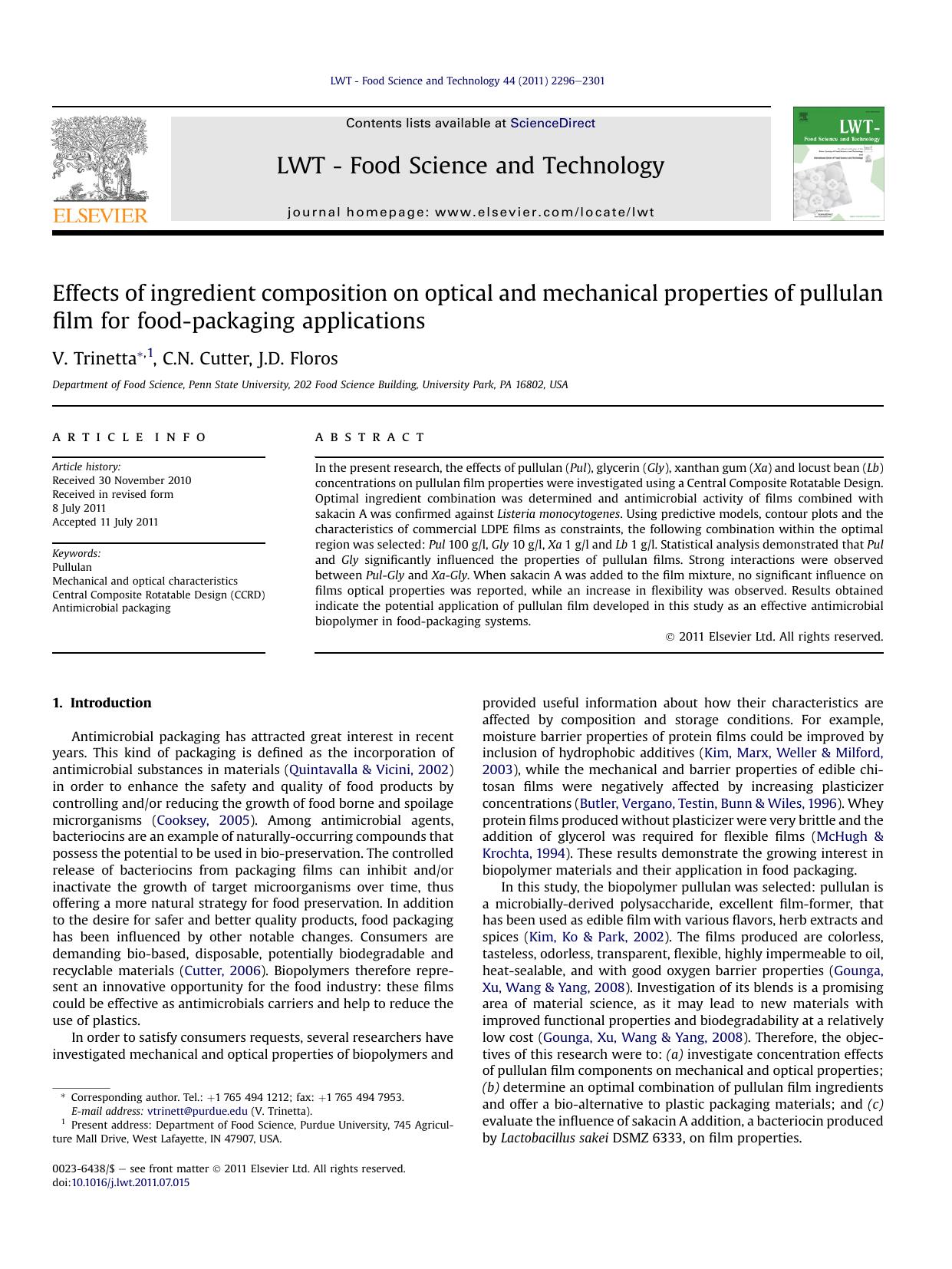 Effects of ingredient composition on optical and mechanical properties of pullulan film for food-packaging applications by V. Trinetta & C.N. Cutter & J.D. Floros