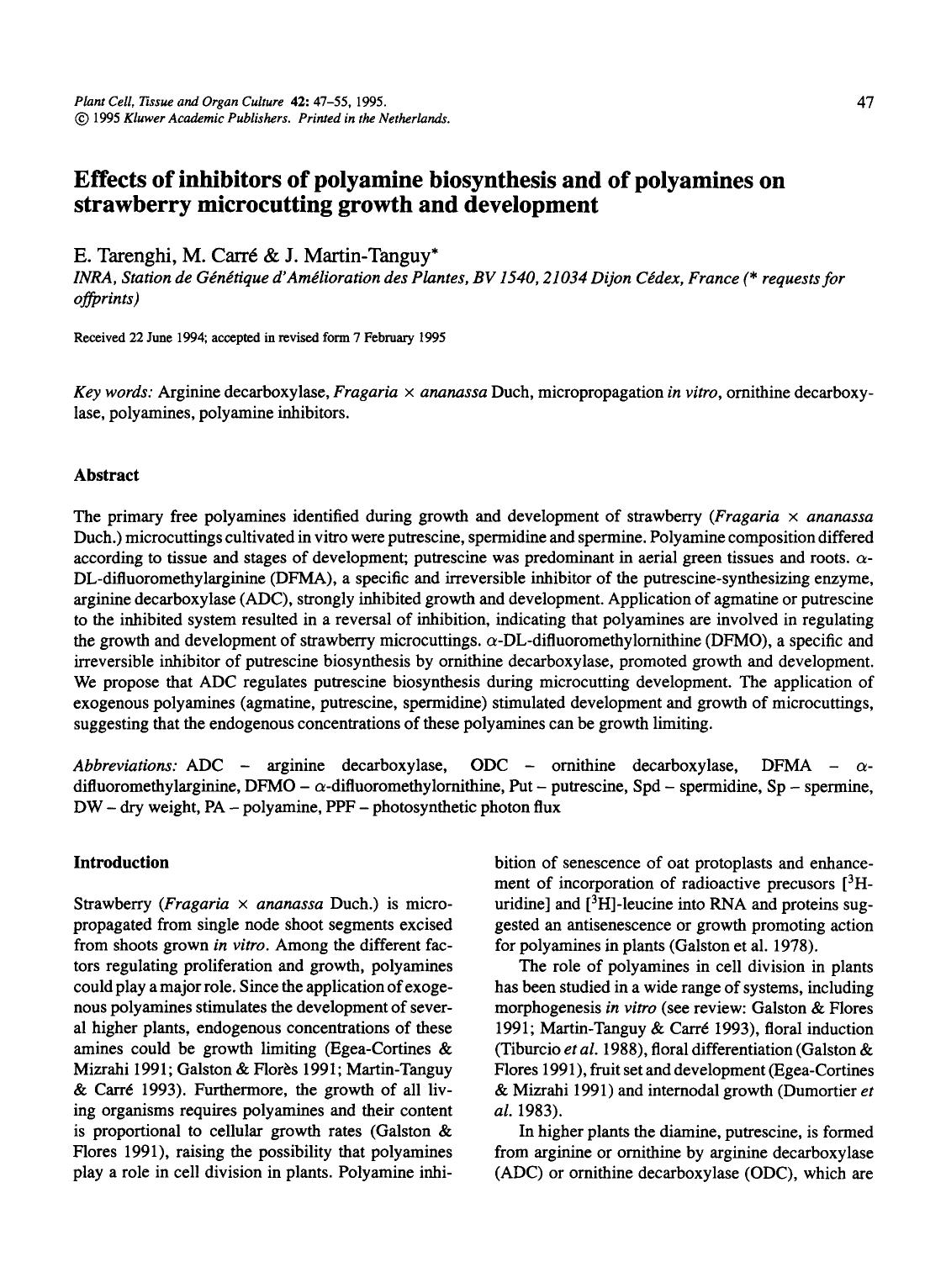 Effects of inhibitors of polyamine biosynthesis and of polyamines on strawberry microcutting growth and development by Unknown