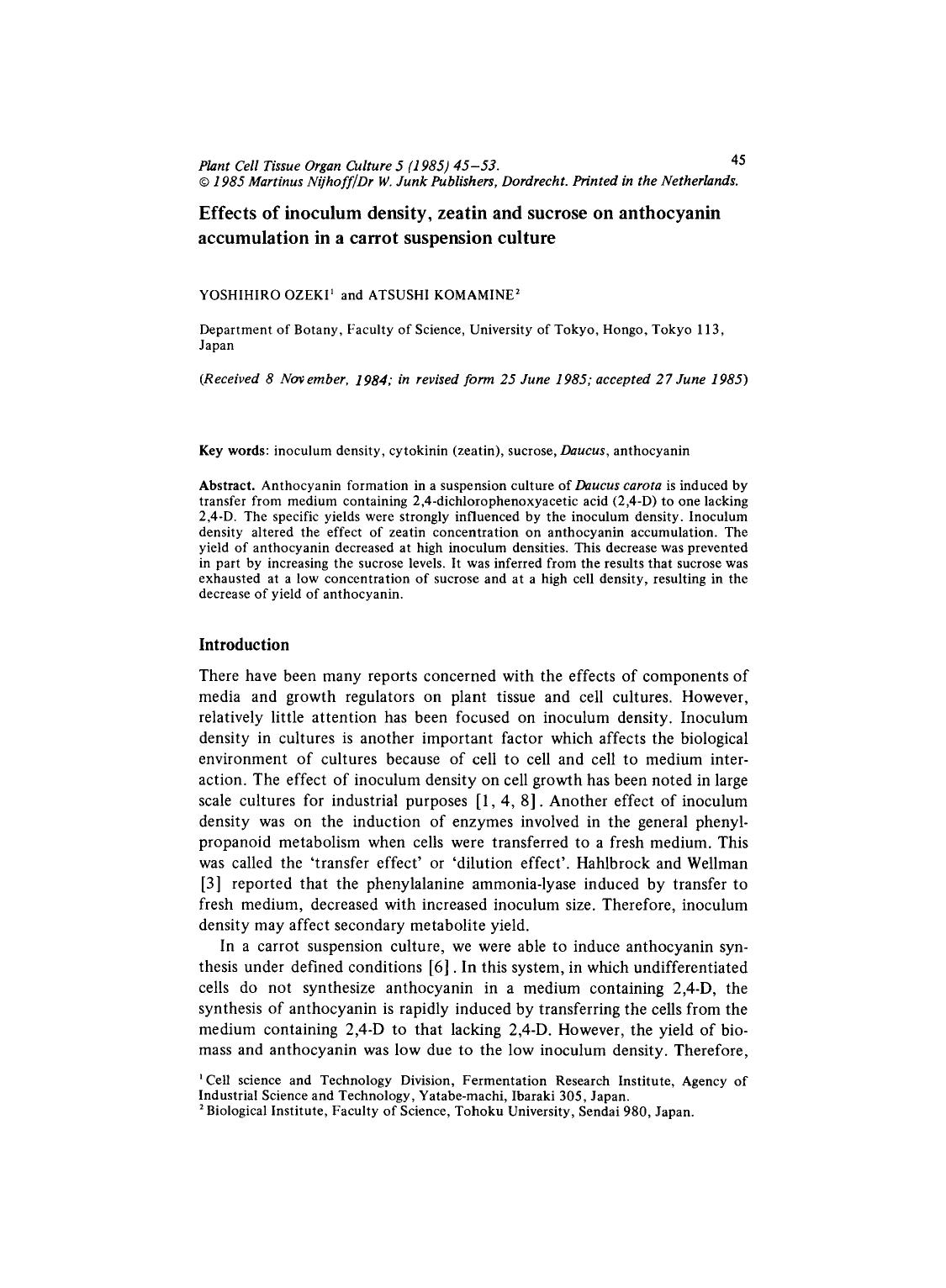 Effects of inoculum density, zeatin and sucrose on anthocyanin accumulation in a carrot suspension culture by Unknown