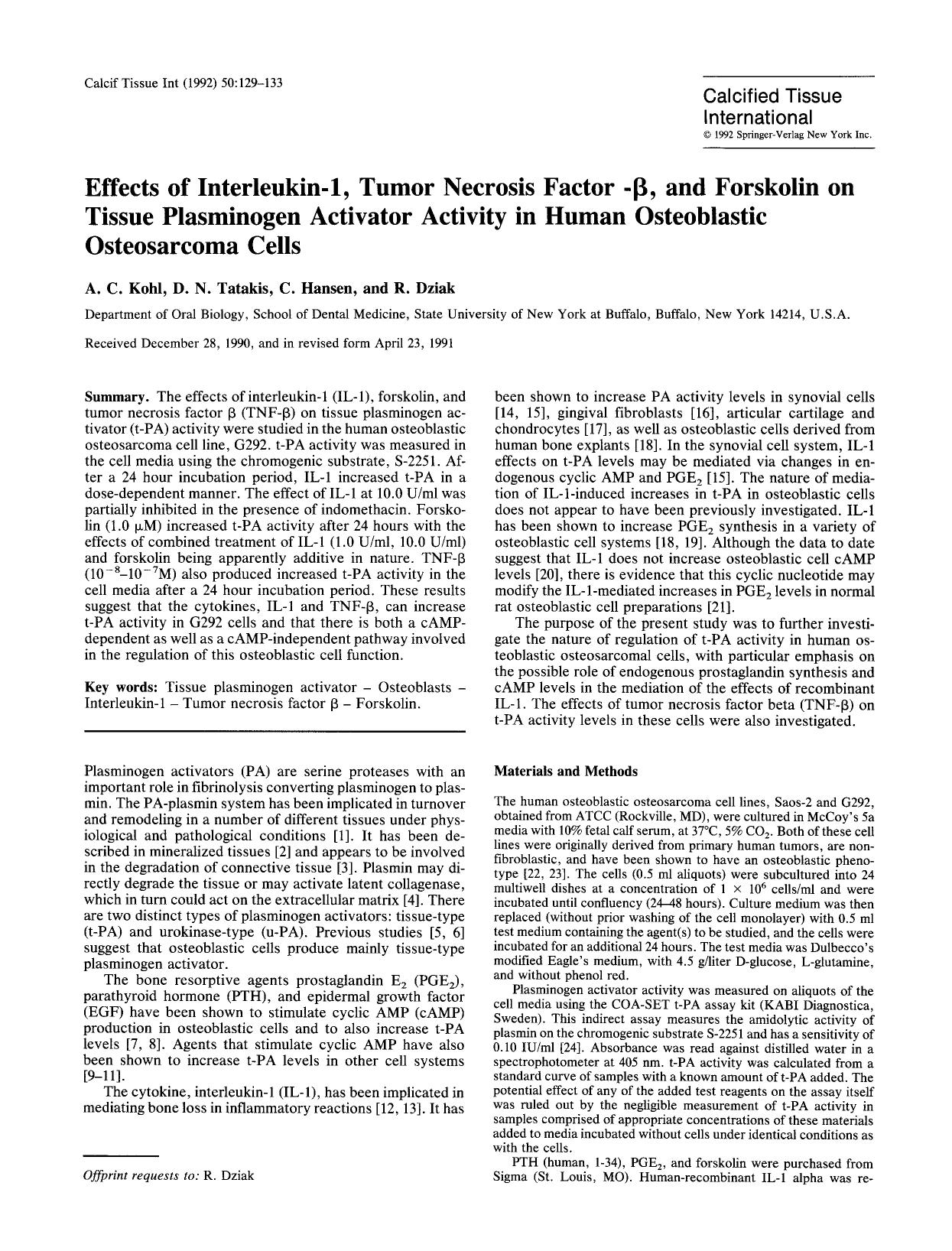 Effects of interleukin-1, tumor necrosis factor-&#x03B2;, and forskolin on tissue plasminogen activator activity in human osteoblastic osteosarcoma cells by Unknown