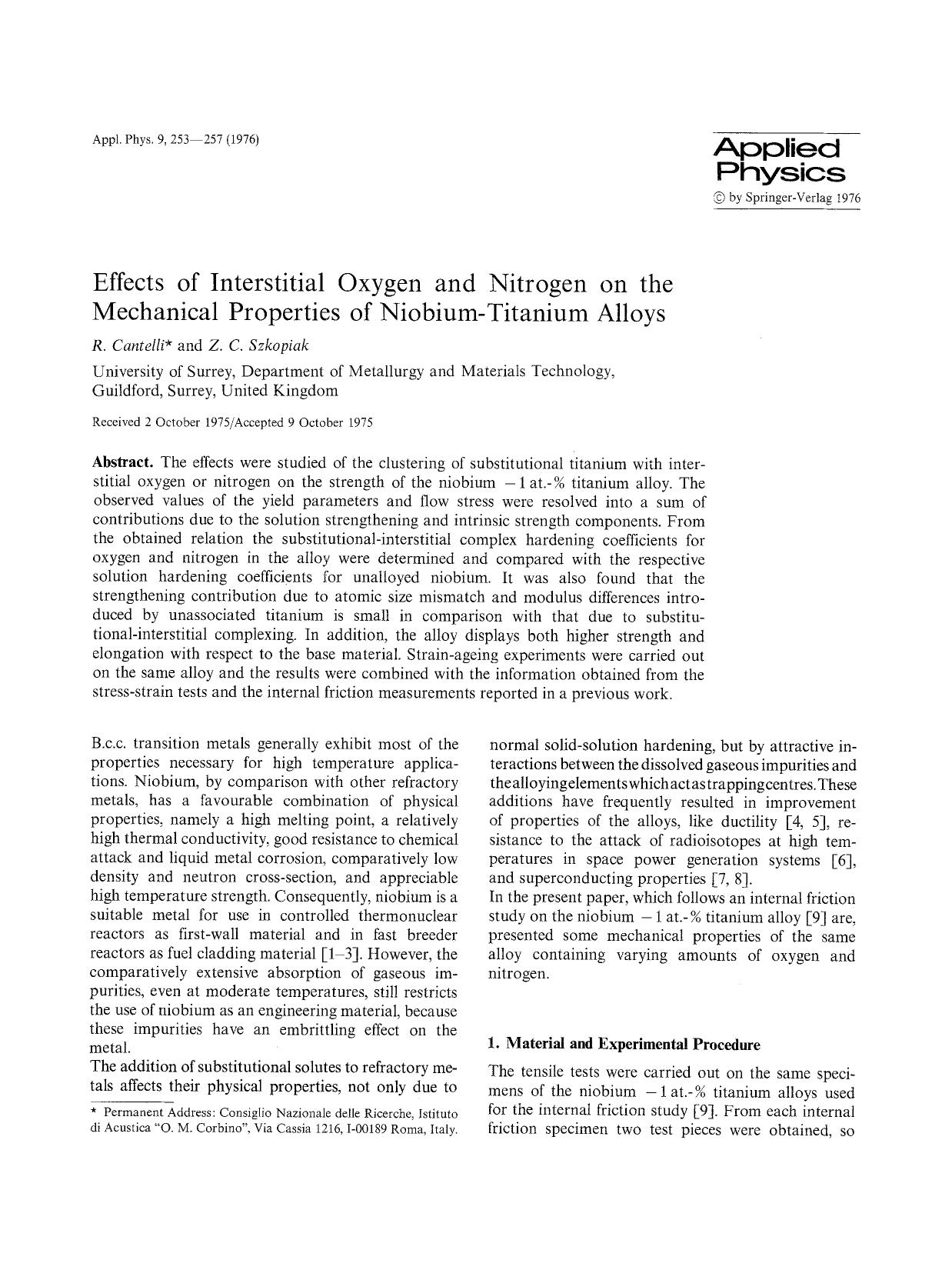 Effects of interstitial oxygen and nitrogen on the mechanical properties of niobium-titanium alloys by Unknown