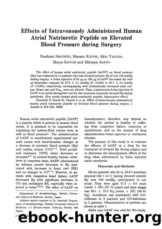 Effects of intravenously administered human atrial natriuretic peptide on elevated blood pressure during surgery by Unknown