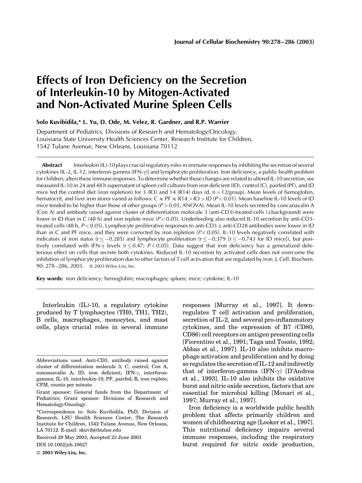 Effects of iron deficiency on the secretion of interleukin-10 by mitogen-activated and non-activated murine spleen cells by Unknown