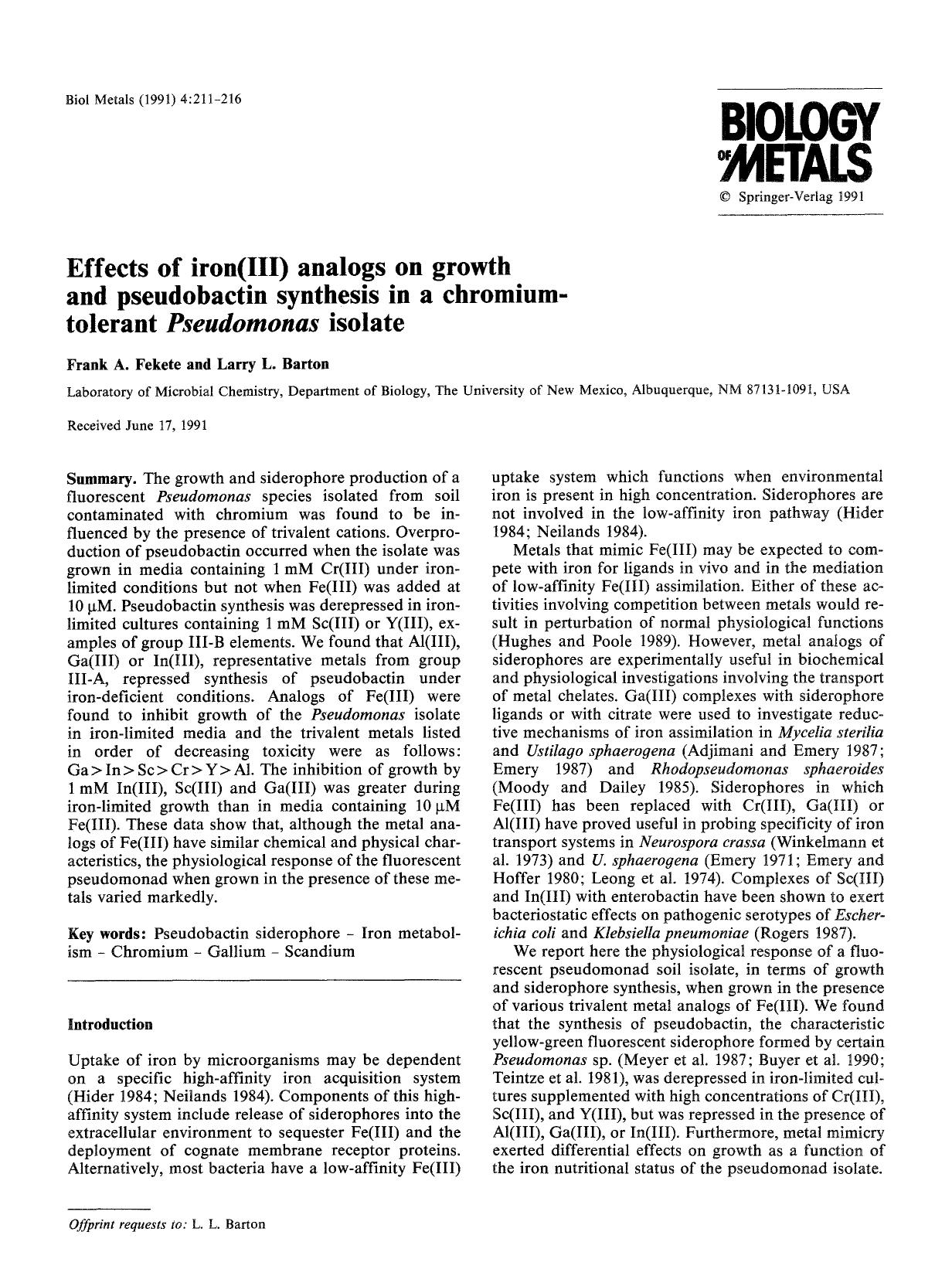 Effects of iron(III) analogs on growth and pseudobactin synthesis in a chromiumtolerant <Emphasis Type="Italic">Pseudomonas <Emphasis> isolate by Unknown