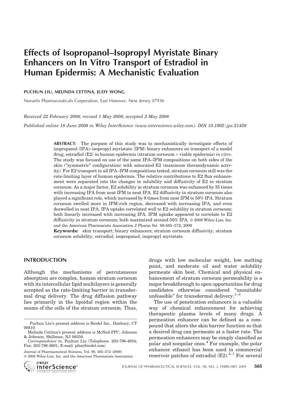 Effects of isopropanol-isopropyl myristate binary enhancers on in vitro transport of estradiol in human epidermis: A mechanistic evaluation by Unknown