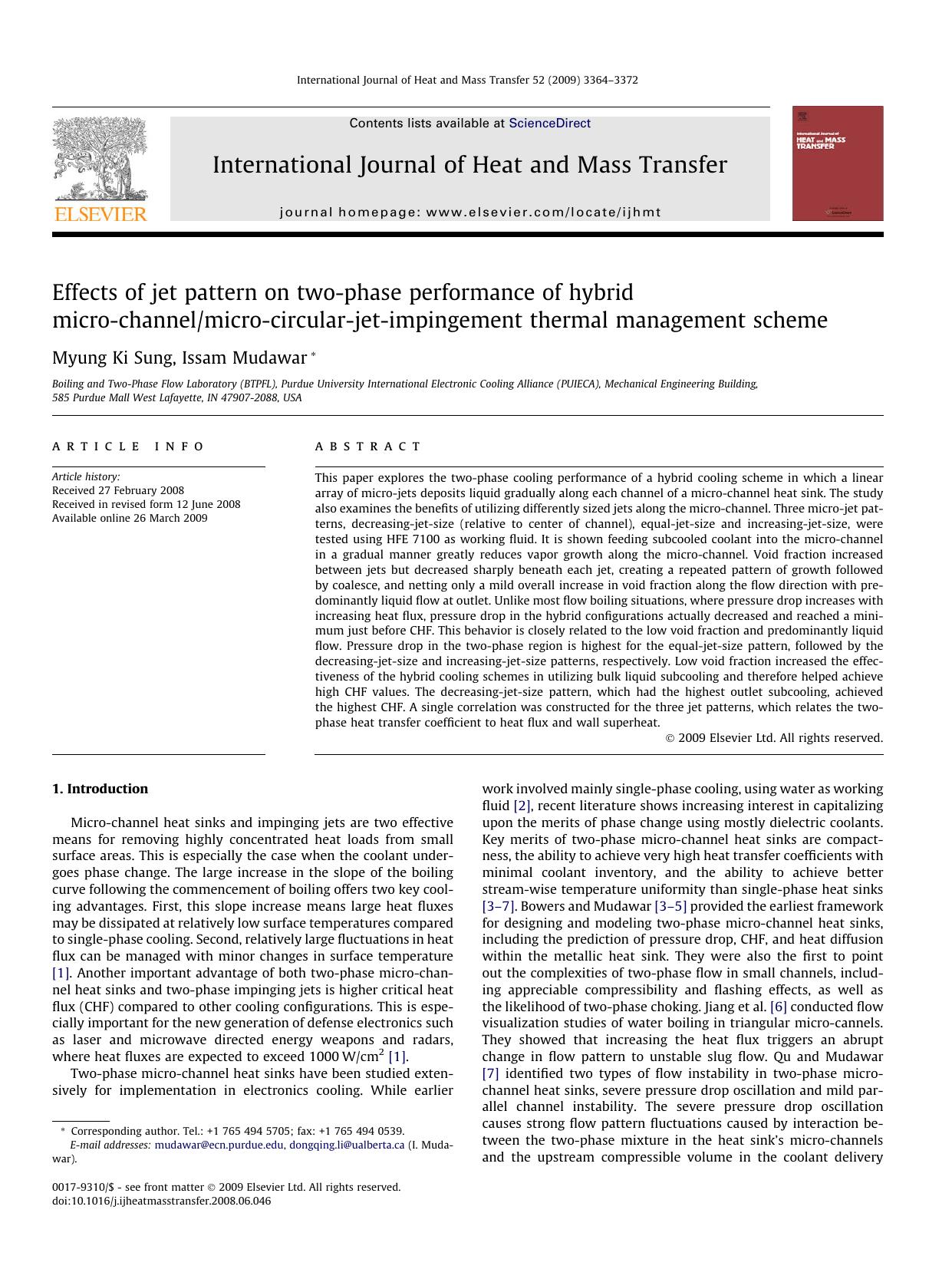 Effects of jet pattern on two-phase performance of hybrid micro-channelmicro-circular-jet-impingement thermal management scheme by Myung Ki Sung; Issam Mudawar