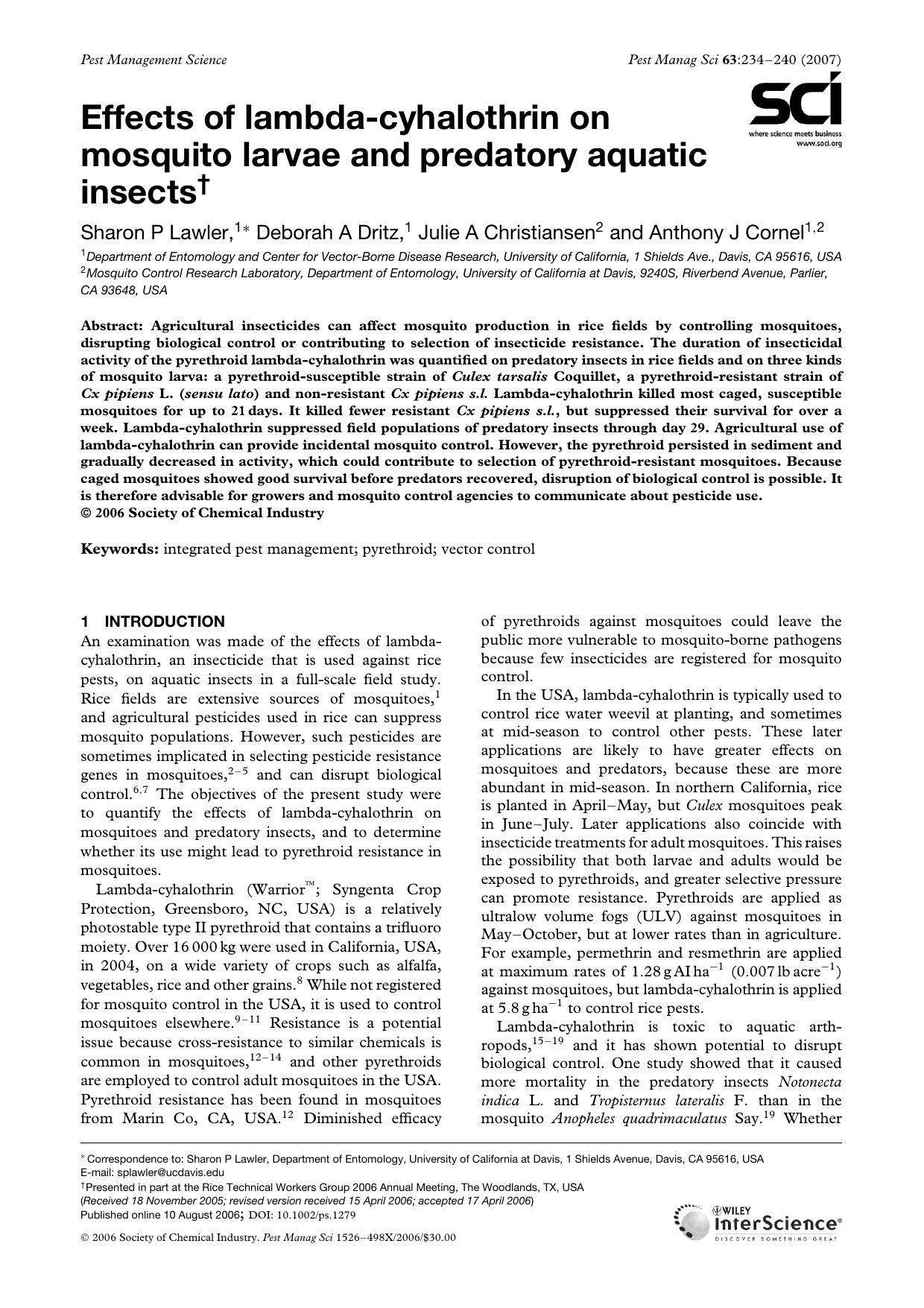 Effects of lambda-cyhalothrin on mosquito larvae and predatory aquatic insects by Unknown