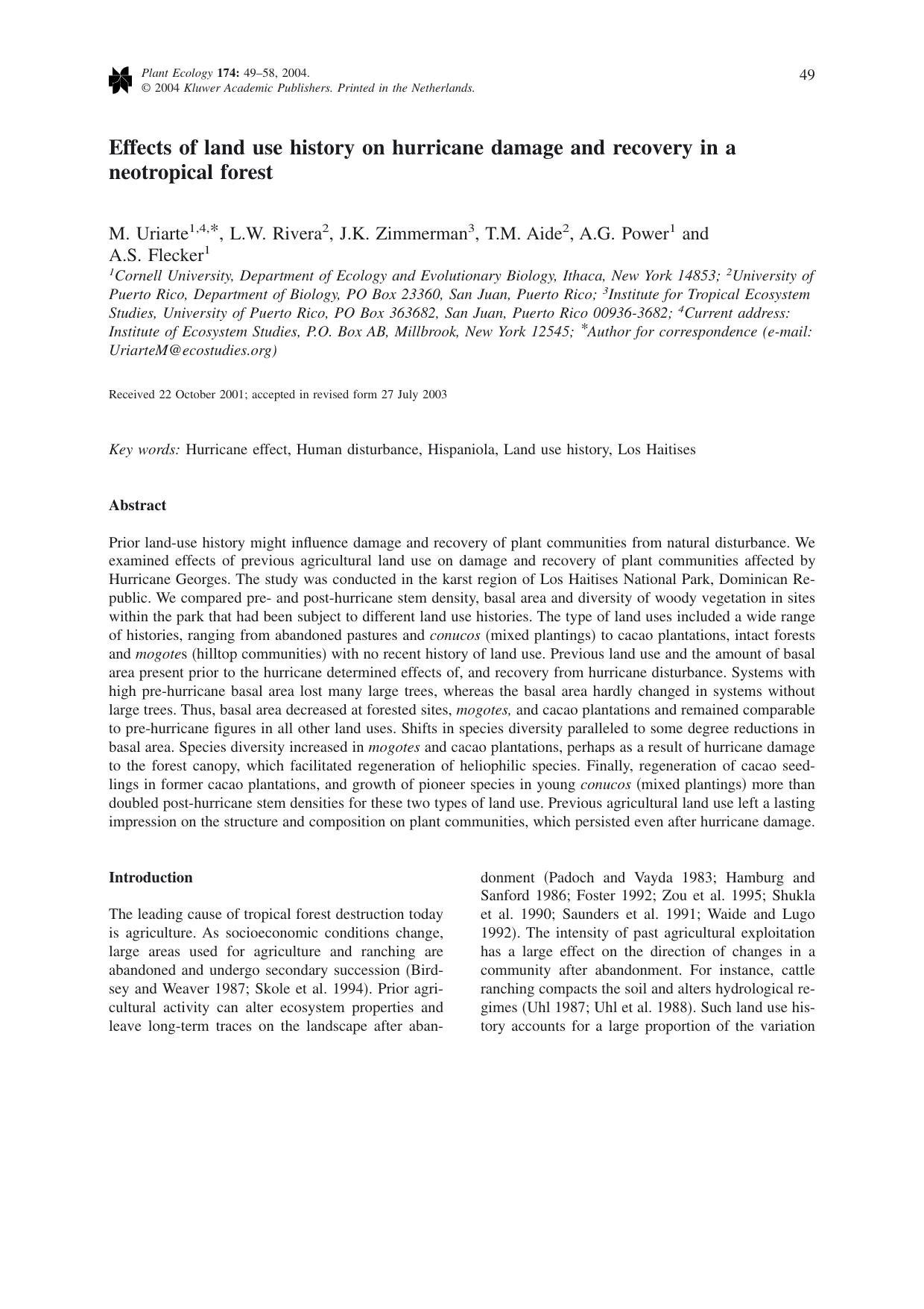 Effects of land use history on hurricane damage and recovery in a neotropical forest by Unknown