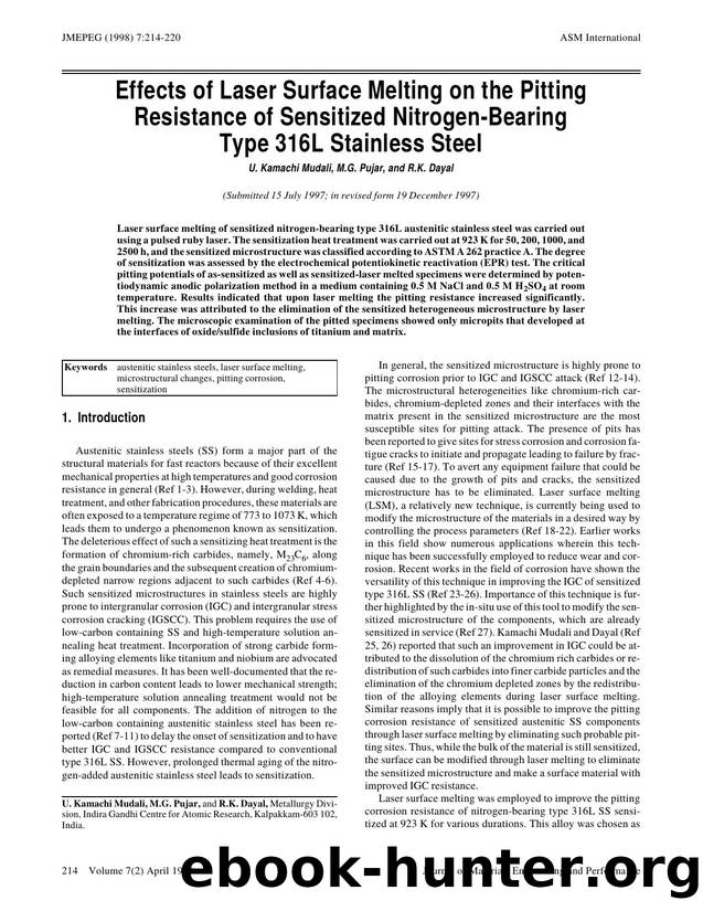 Effects of laser surface melting on the pitting resistance of sensitized nitrogen-bearing type 316L stainless steel by Unknown