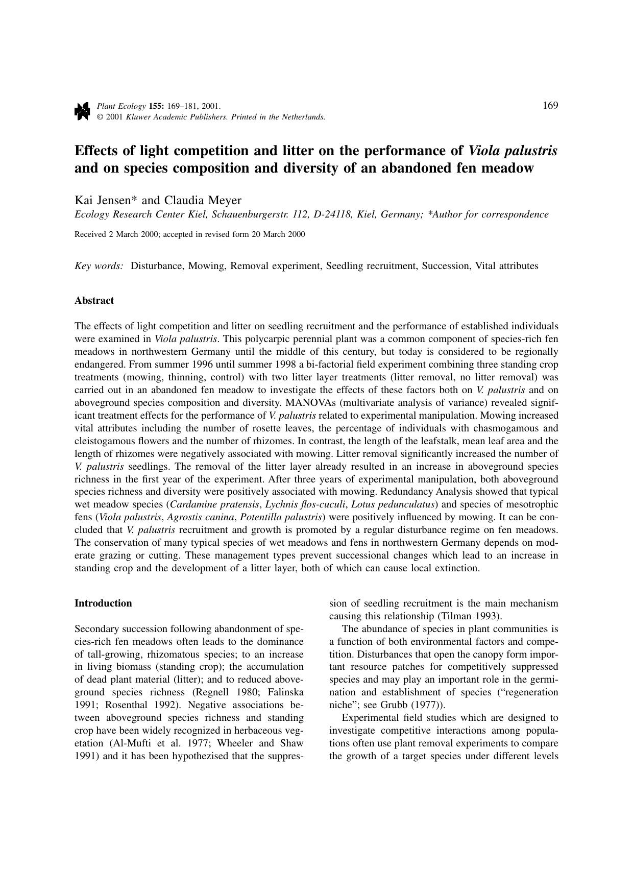 Effects of light competition and litter on the performance of Viola palustris and on species composition and diversity of an abandoned fen meadow by Unknown