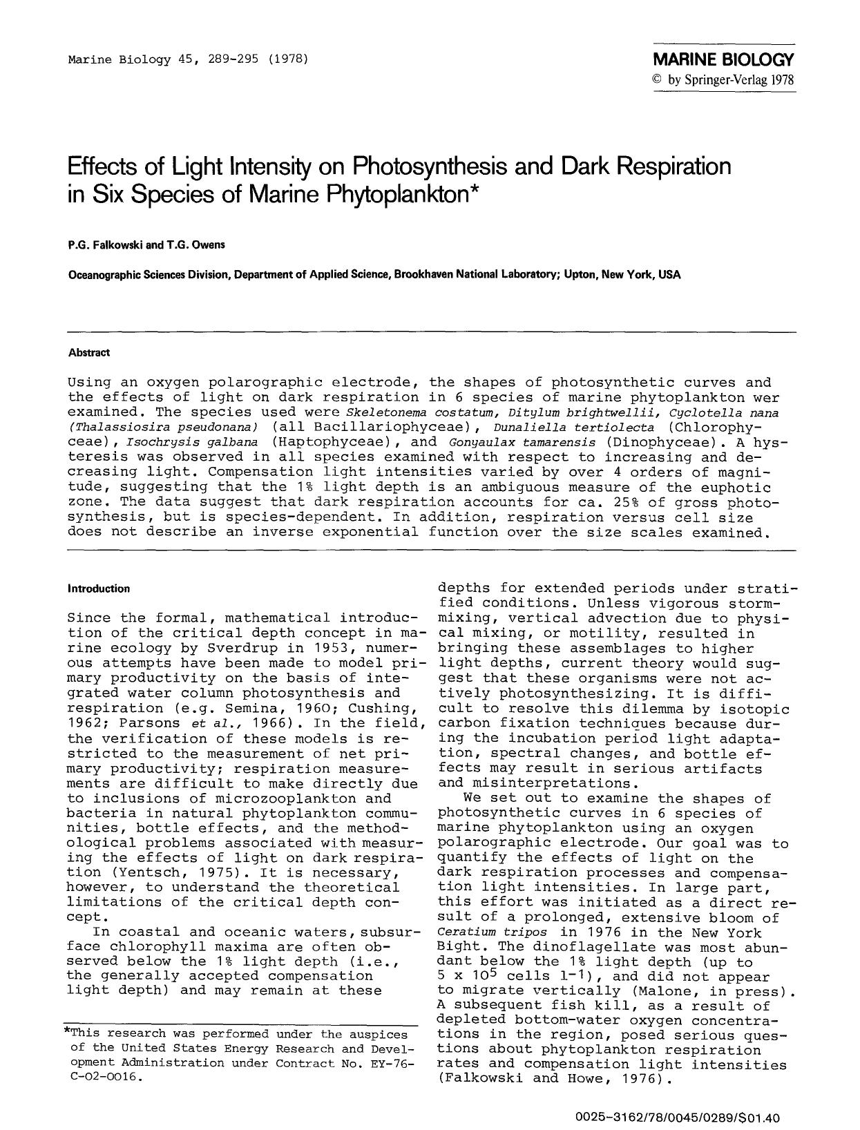 Effects of light intensity on photosynthesis and dark respiration in six species of marine phytoplankton by Unknown