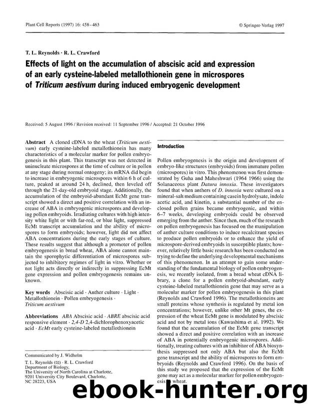 Effects of light on the accumulation of abscisic acid and expression of an early cysteine-labeled metallothionein gene in microspores of <Emphasis Type="Italic">Triticum aestivum < by Unknown