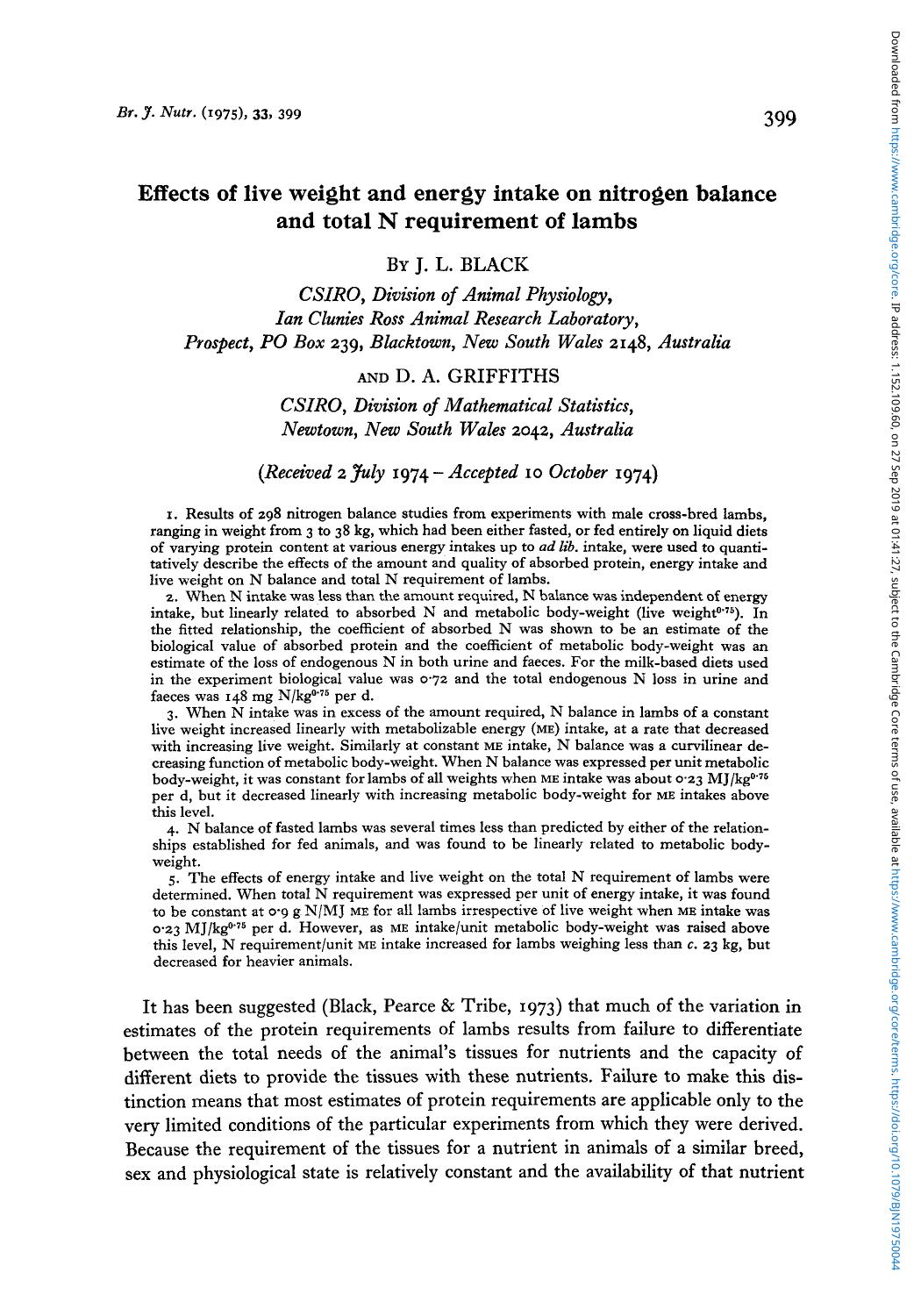 Effects of live weight and energy intake on nitrogen balance and total N requirements of lambs by J. L. Black & D. A. Griffiths